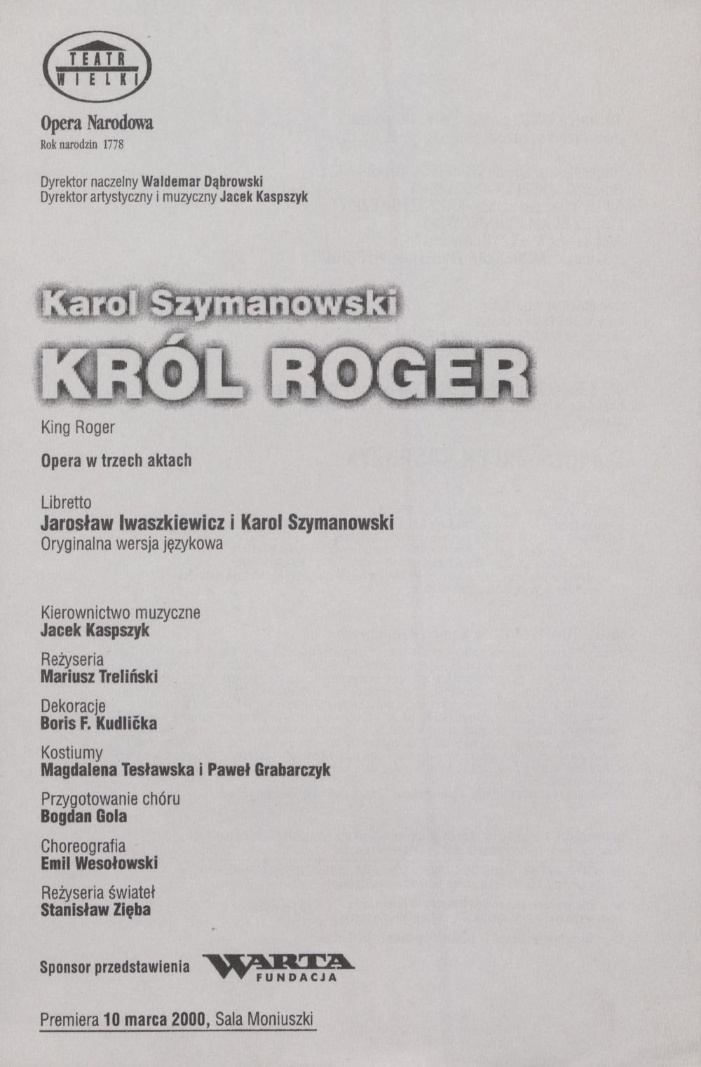Wkładka premierowa „Król Roger” Karol Szymanowski 10-03-2000
