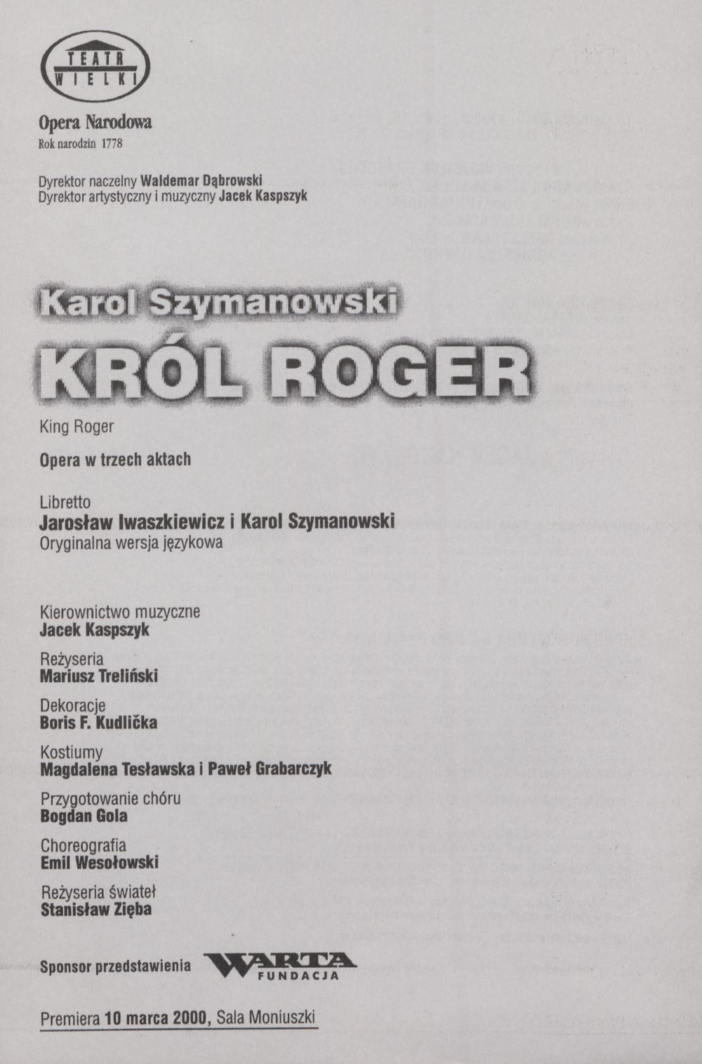Wkładka obsadowa „Król Roger” Karol Szymanowski 15-04-2000