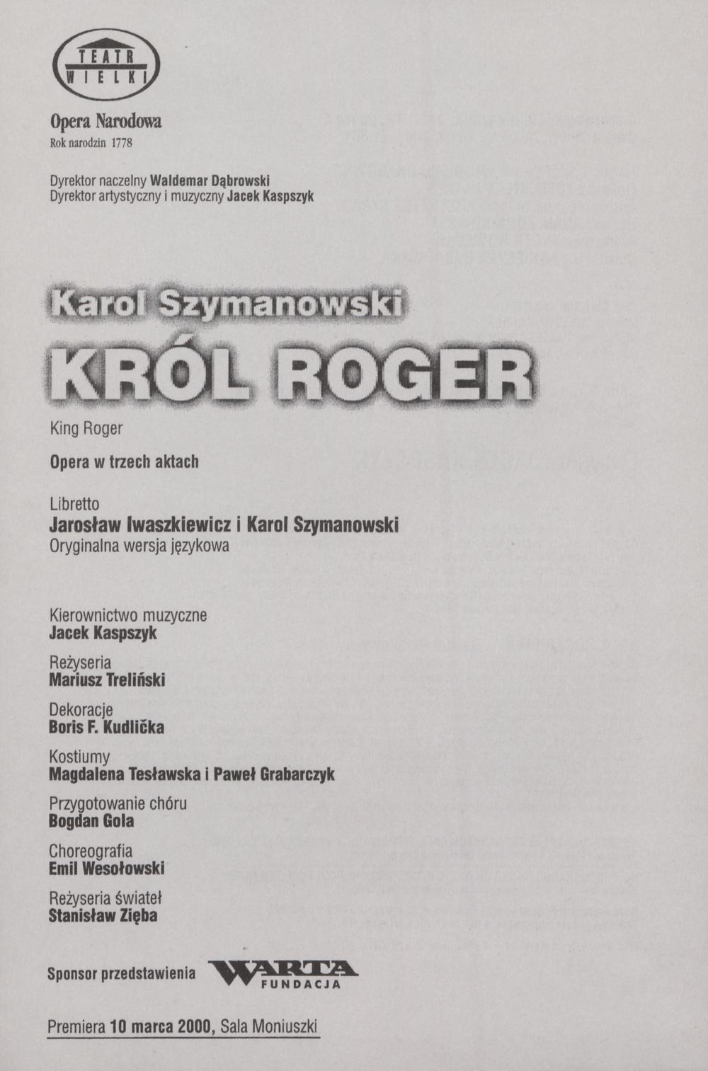 Wkładka obsadowa „Król Roger” Karol Szymanowski 04-06-2000