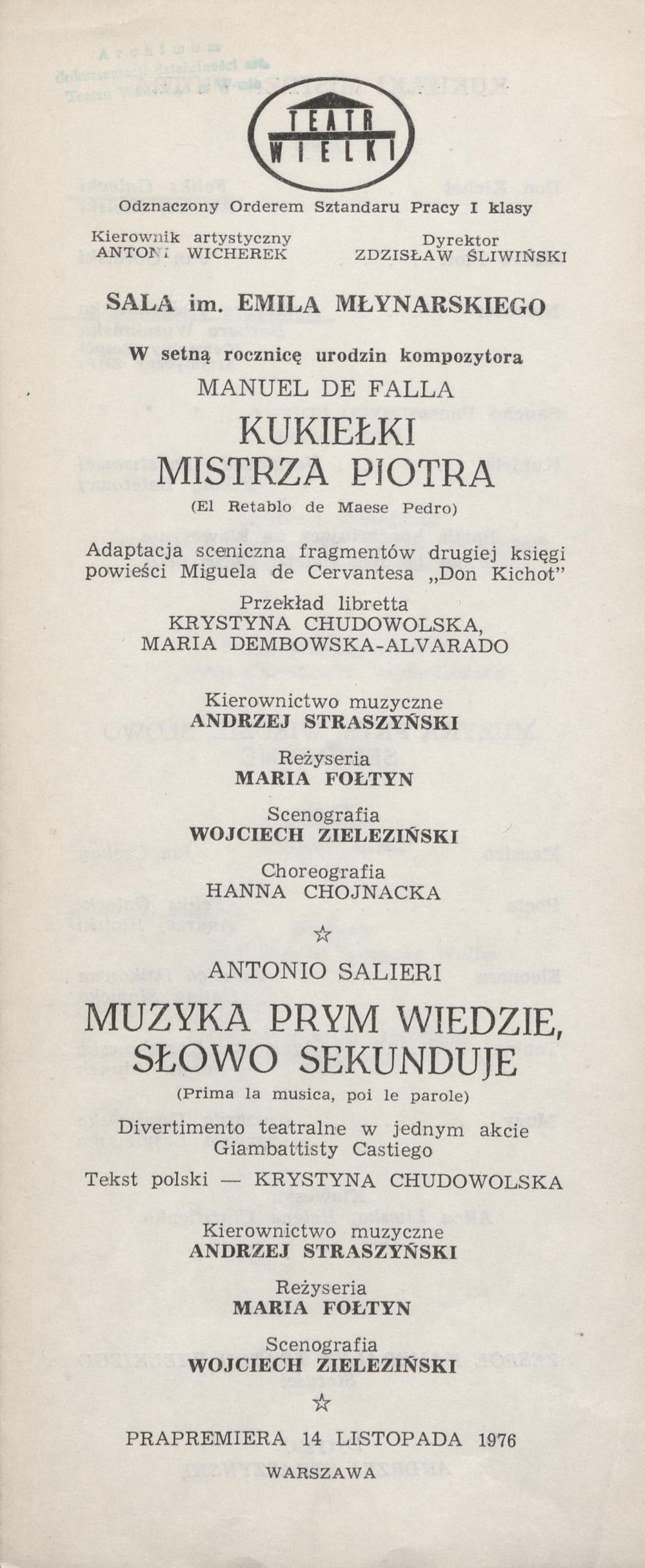 Wkładka obsadowa „Kukiełki Mistrza Piotra” Manuel de Falla 14-11-1976, „Muzyka Prym wiedzie, a słowo sekunduje” Antonio Salieri 14-11-1976