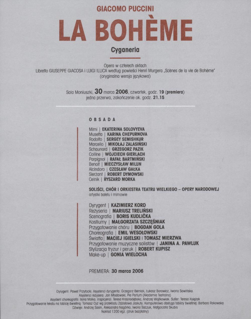 Wkładka obsadowa - „La Boheme” Giacomo Puccini 30-03-2006