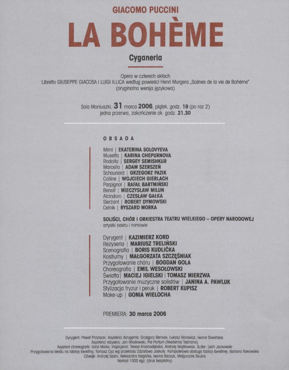 Wkładka obsadowa - „La Boheme” Giacomo Puccini 31-03-2006
