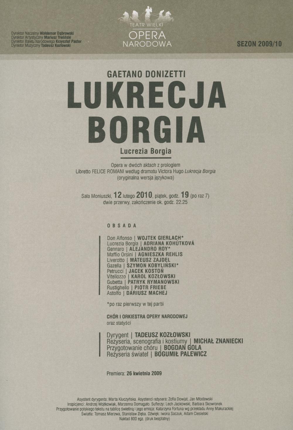 Wkładka obsadowa - „Lukrecja Borgia” Gaetano Donizetti 12-02-2010