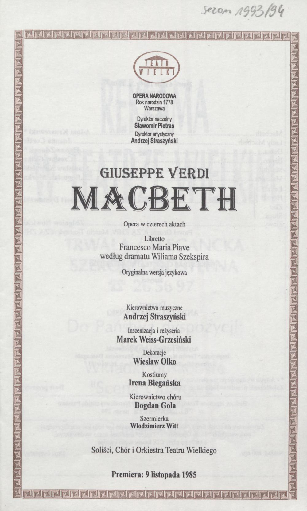Wkładka obsadowa. „Macbeth” Giuseppe Verdi 06-05-1994