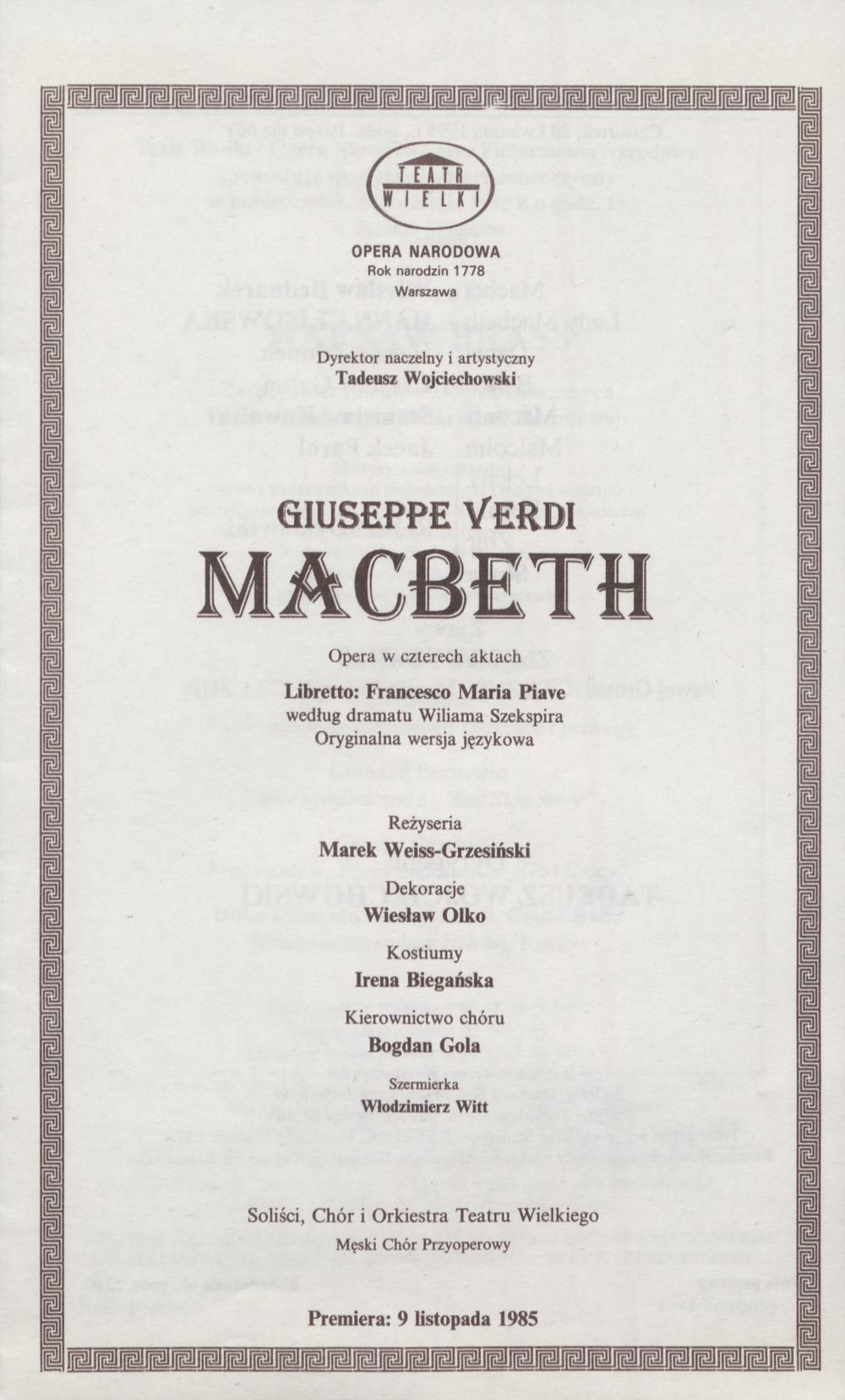 Wkładka obsadowa. „Macbeth” Giuseppe Verdi 20-04-1995