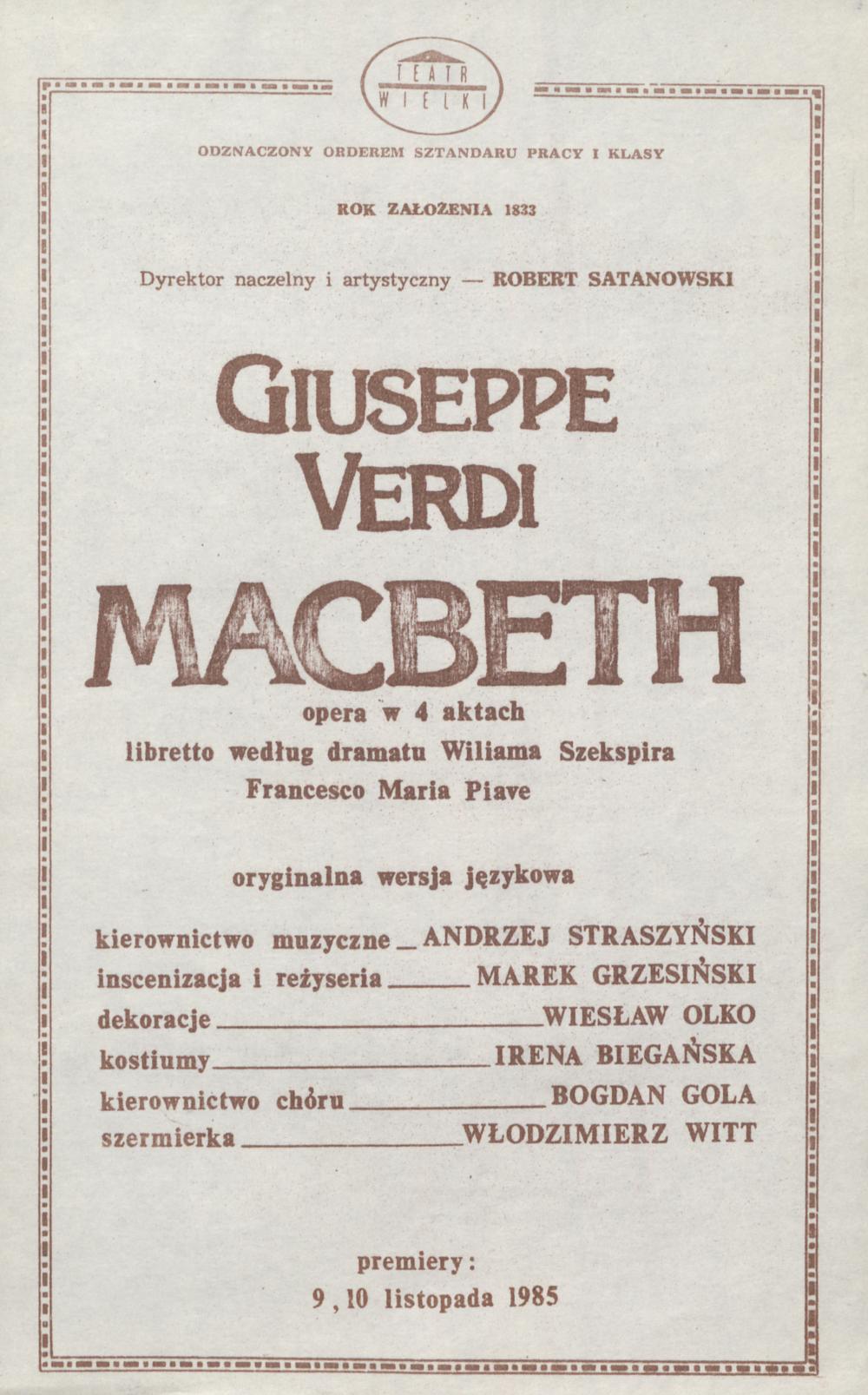 Wkładka obsadowa. „Macbeth” Giuseppe Verdi 09-11-1985