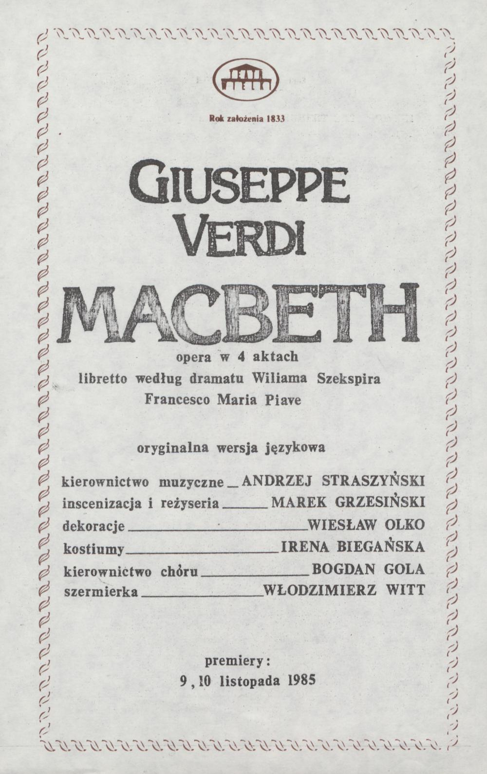 Wkładka obsadowa. „Macbeth” Giuseppe Verdi 02-02-1992