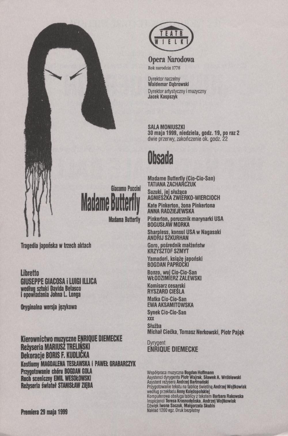 Wkładka obsadowa „Madame Butterfly” Giacomo Puccini 30-05-1999