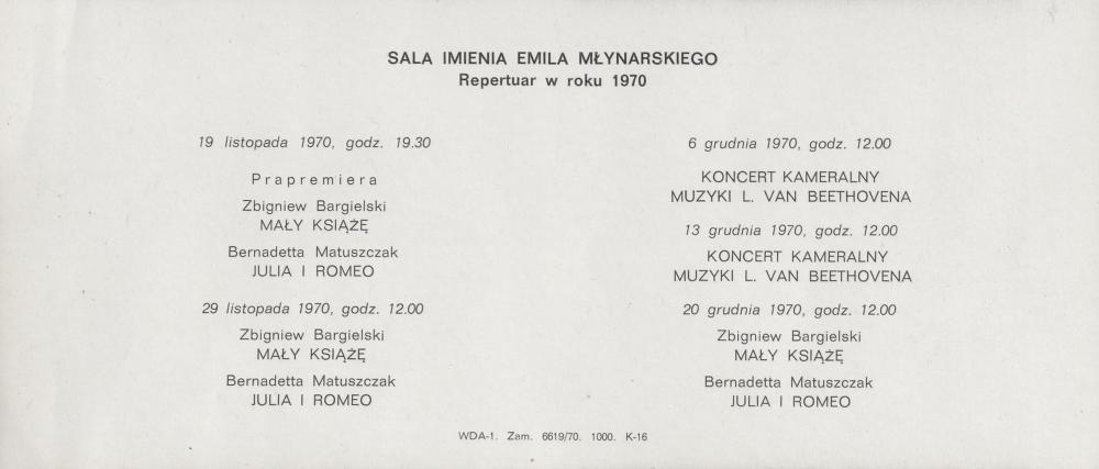 Wkładka obsadowa. „Mały Książę” Zbigniew Bargielski, „Julia i Romeo” Bernadetta Matuszczak 19-11-1970