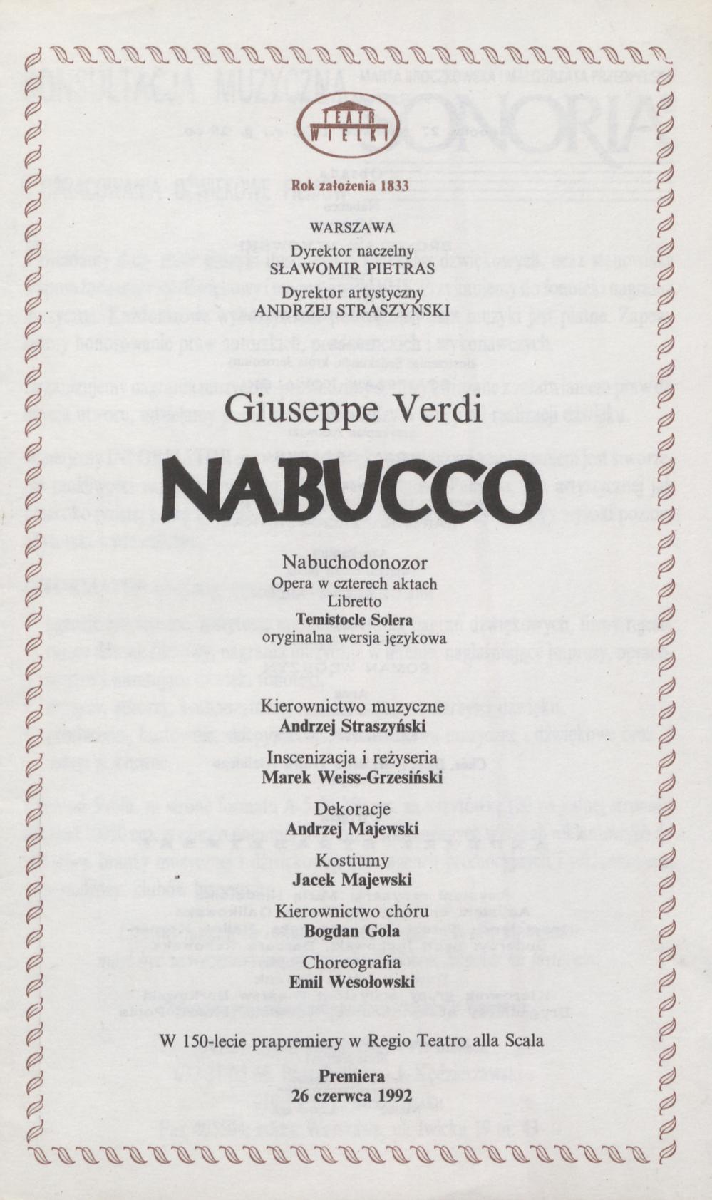 Wkładka premierowa II „Nabucco” Giuseppe Verdi 27-06-1992