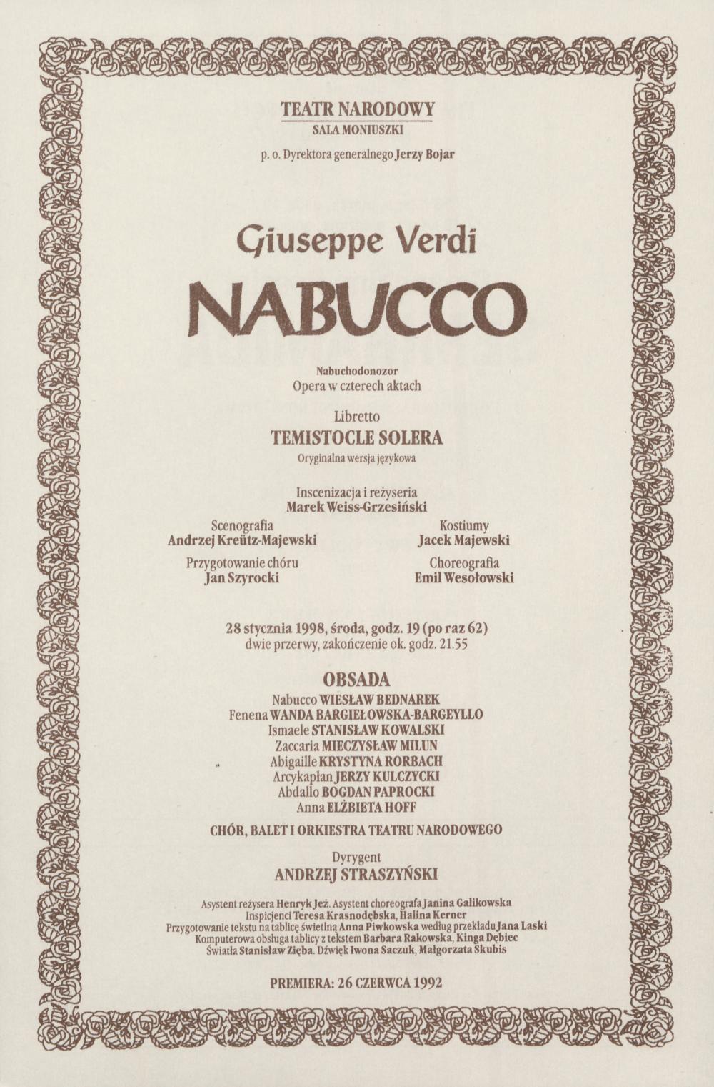 Wkładka obsadowa „Nabucco” Giuseppe Verdi 28-01-1998