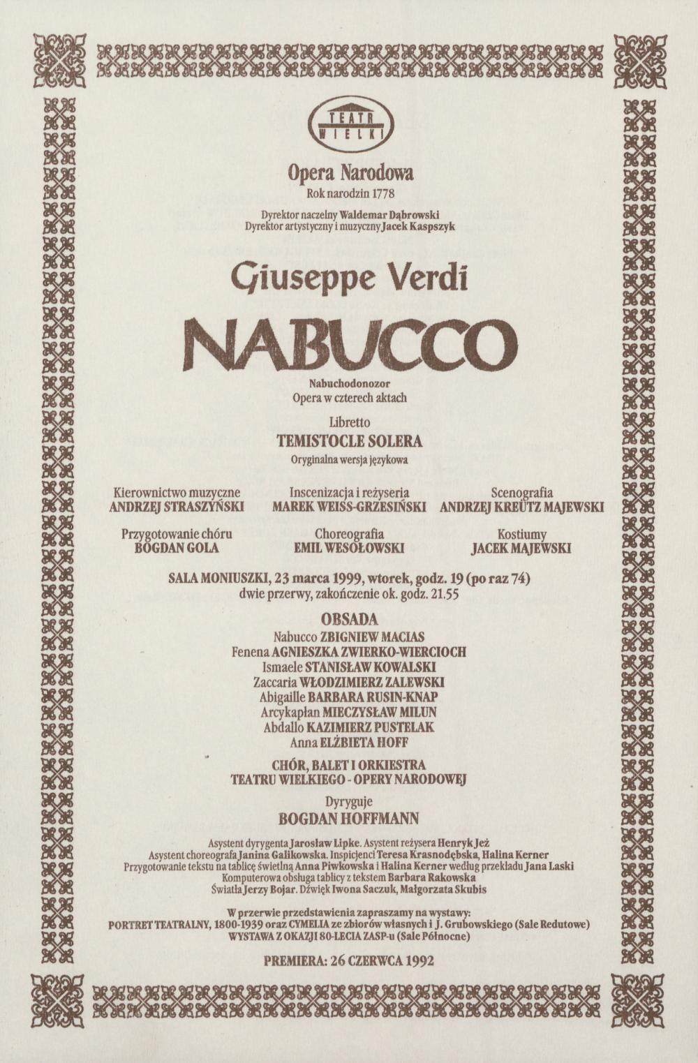 Wkładka obsadowa „Nabucco” Giuseppe Verdi 23-03-1999