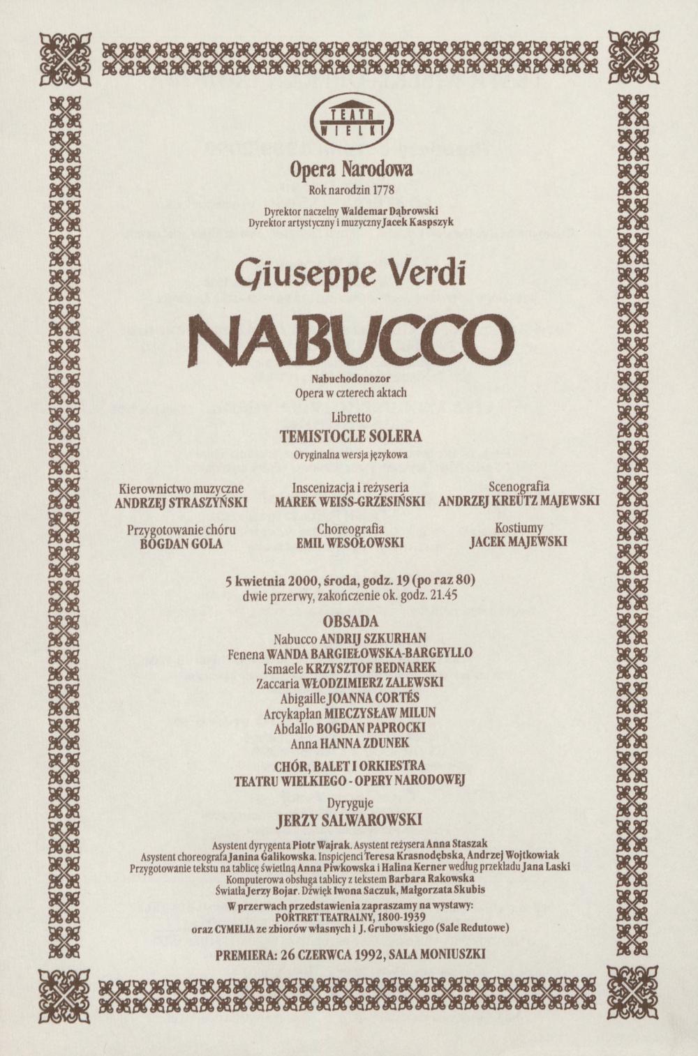 Wkładka obsadowa „Nabucco” Giuseppe Verdi 5-04-2000