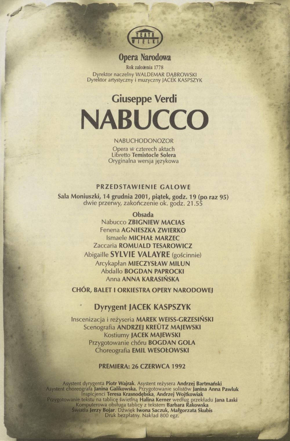 Wkładka obsadowa „Nabucco” Giuseppe Verdi 14-12-2001