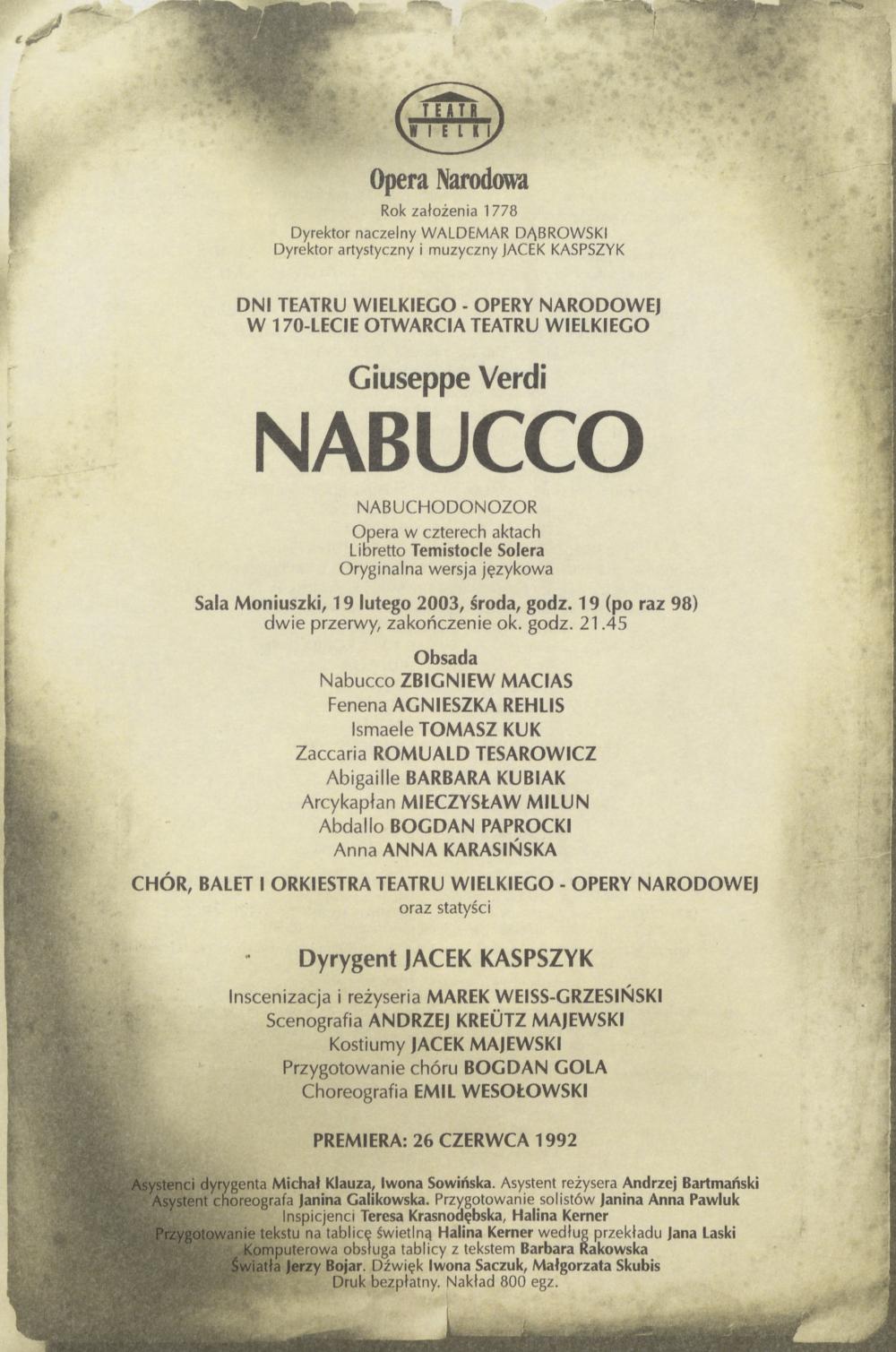 Wkładka obsadowa „Nabucco” Giuseppe Verdi 19-02-2003
