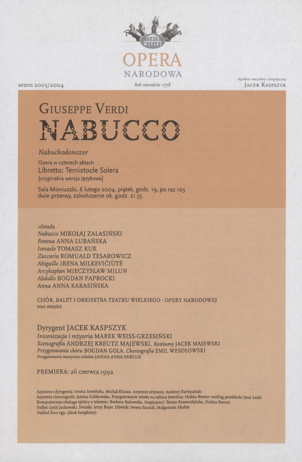 Wkładka obsadowa „Nabucco” Giuseppe Verdi 06-02-2004