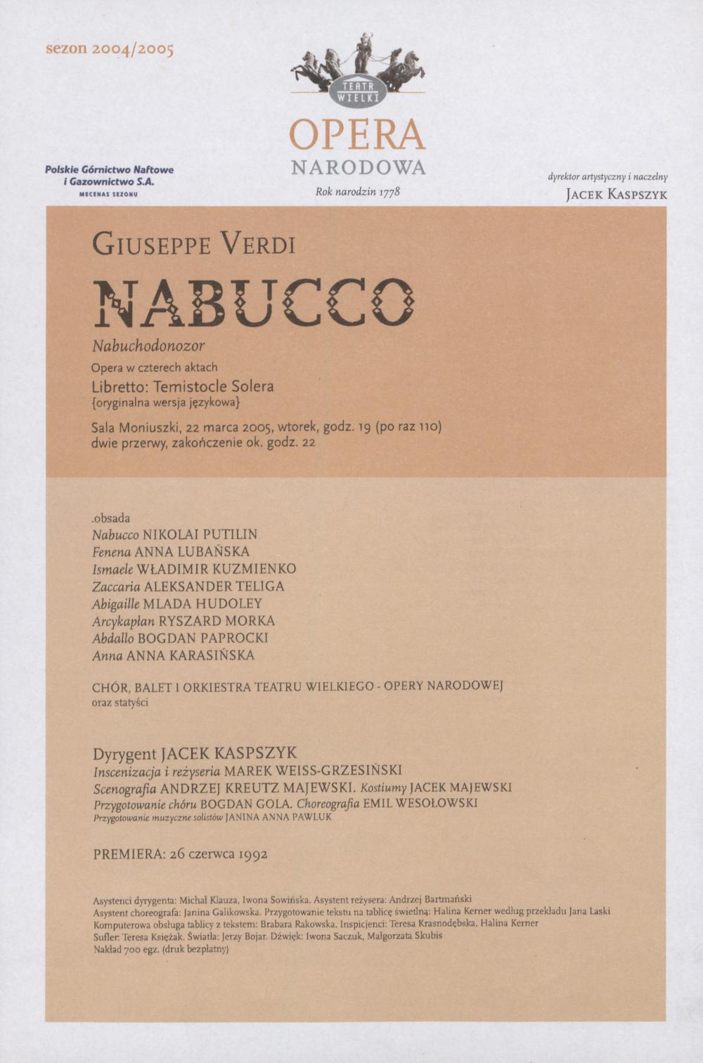 Wkładka obsadowa „Nabucco” Giuseppe Verdi 22-03-2005