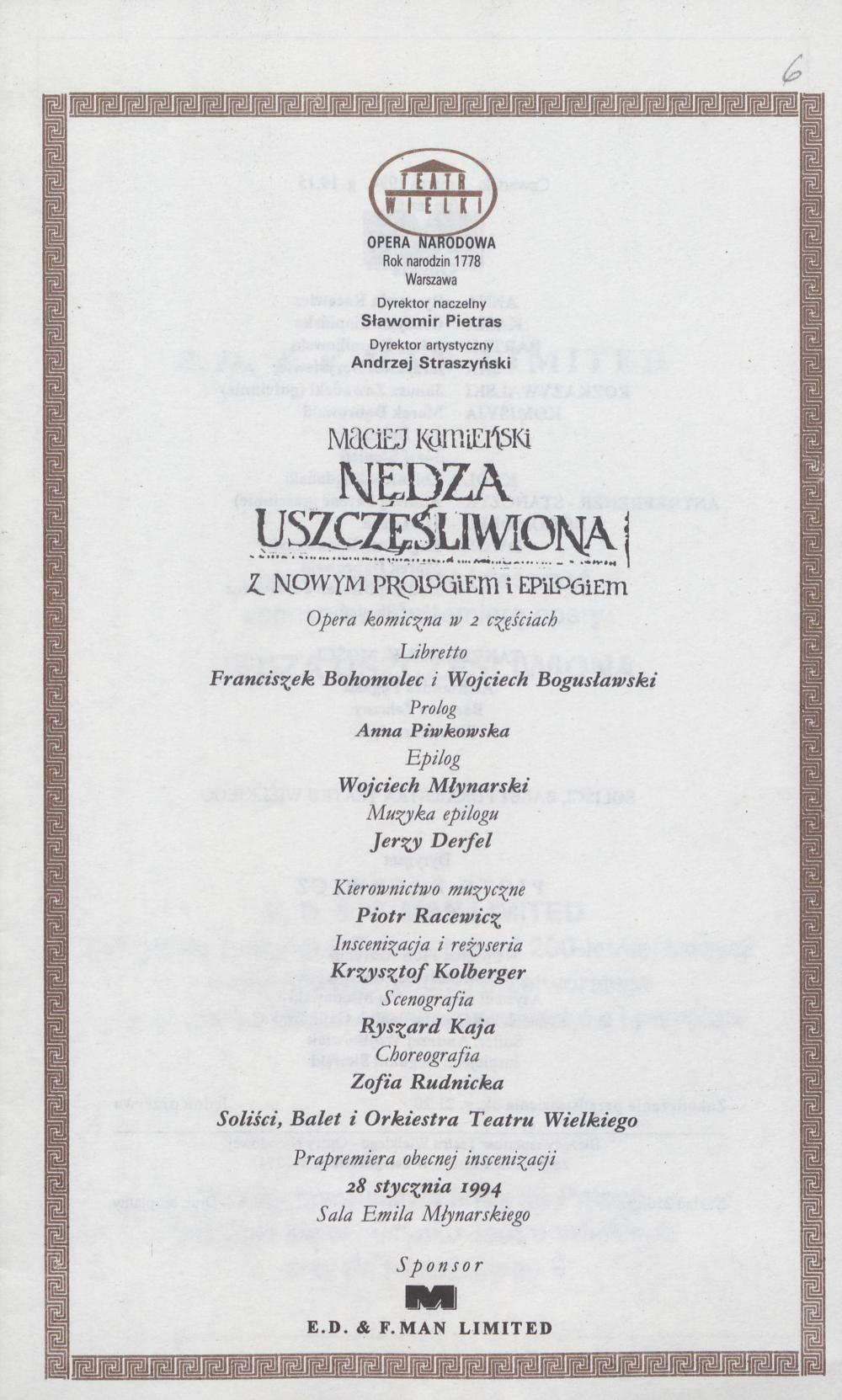 Wkładka obsadowa „Nędza uszczęśliwiona” Maciej Kamieński 03-03-1994