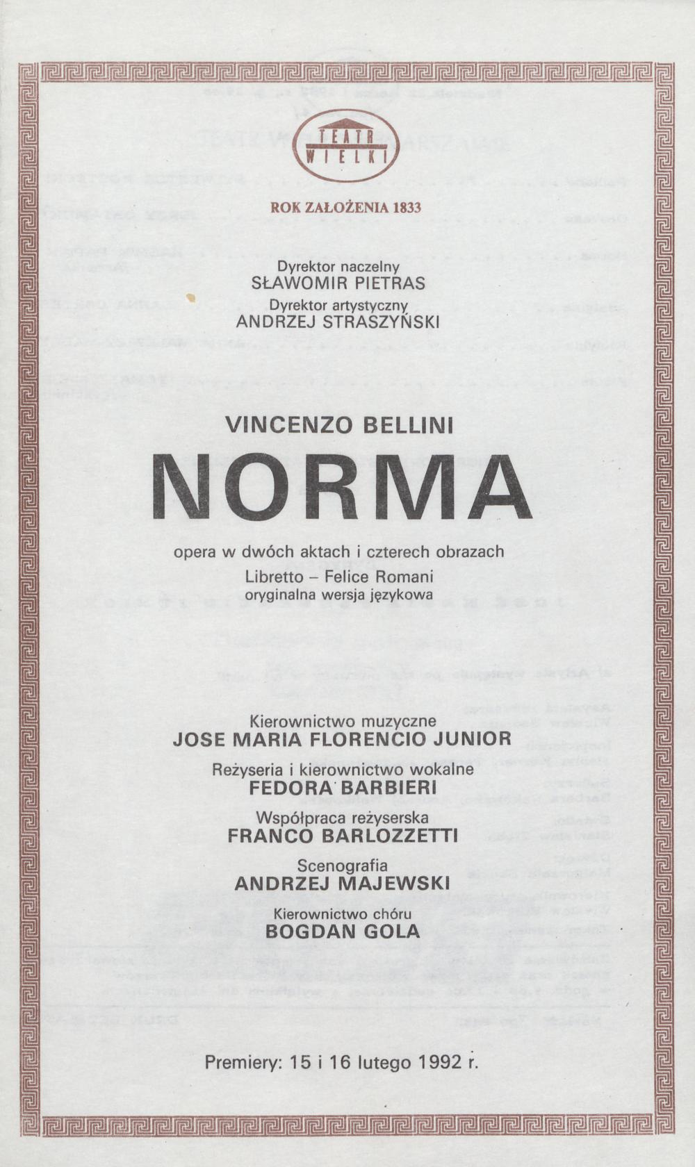 Wkładka obsadowa „Norma” Vincenzo Bellini. 22-03-1992