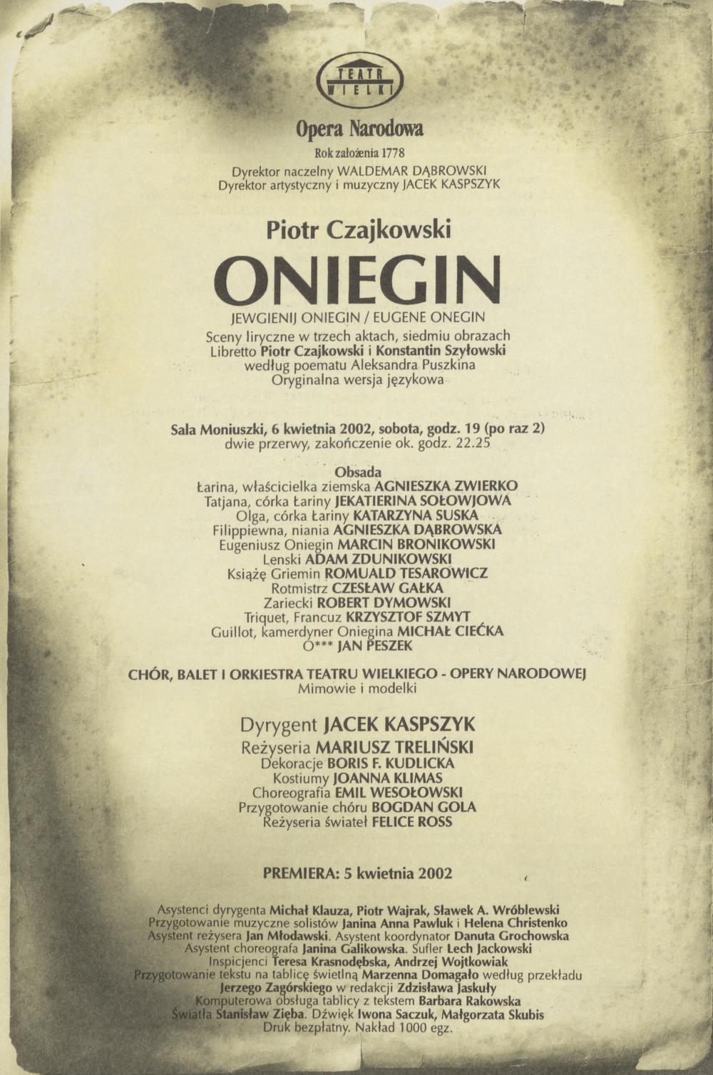 Wkładka obsadowa „Oniegin” Piotr Czajkowski 06-04-2002