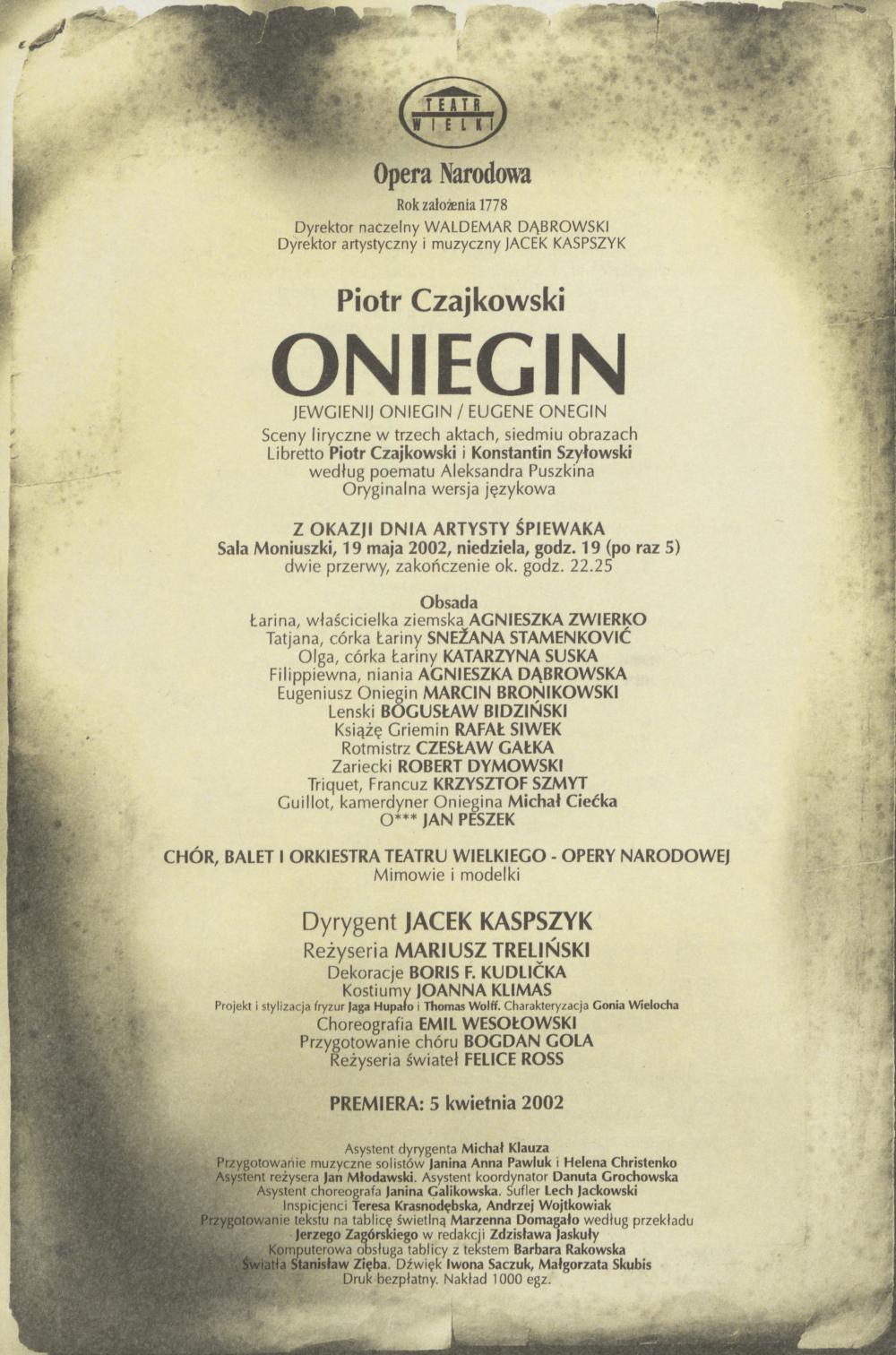 Wkładka obsadowa „Oniegin” Piotr Czajkowski 19-05-2002