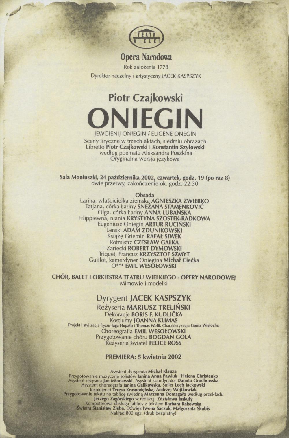 Wkładka obsadowa „Oniegin” Piotr Czajkowski 24-10-2002