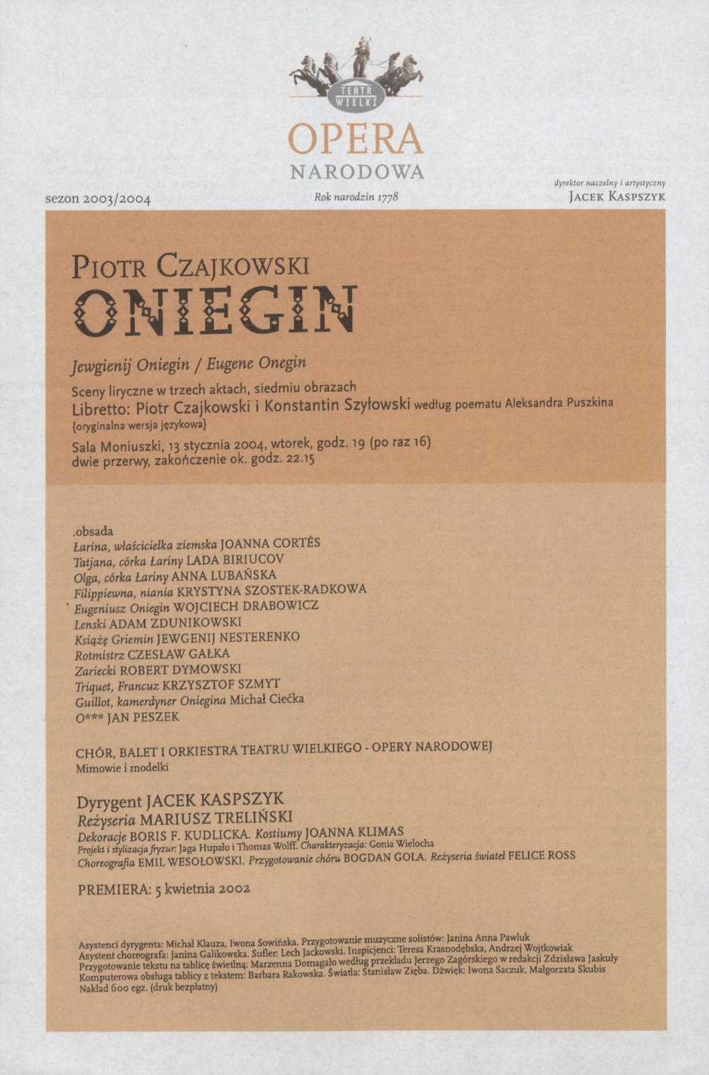 Wkładka obsadowa „Oniegin” Piotr Czajkowski 13-01-2004