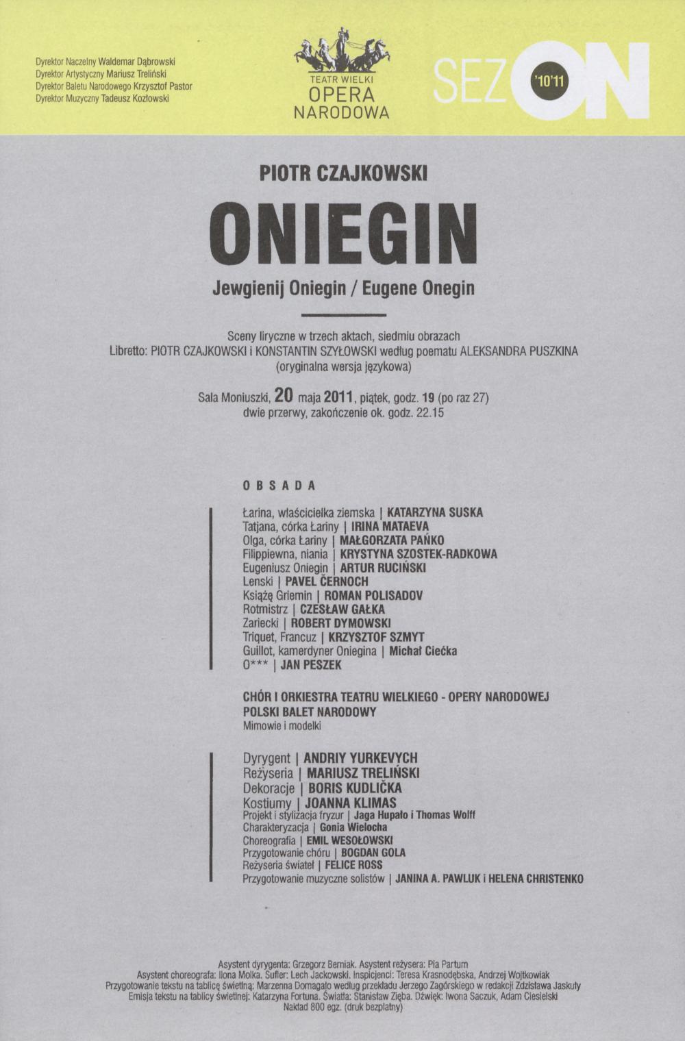 Wkładka obsadowa „Oniegin” Piotr Czajkowski 20-05-2011