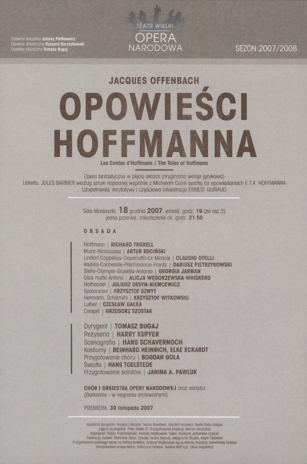 Wkładka obsadowa „Opowieści Hoffmanna” Jakub Offenbach 18-12-2007