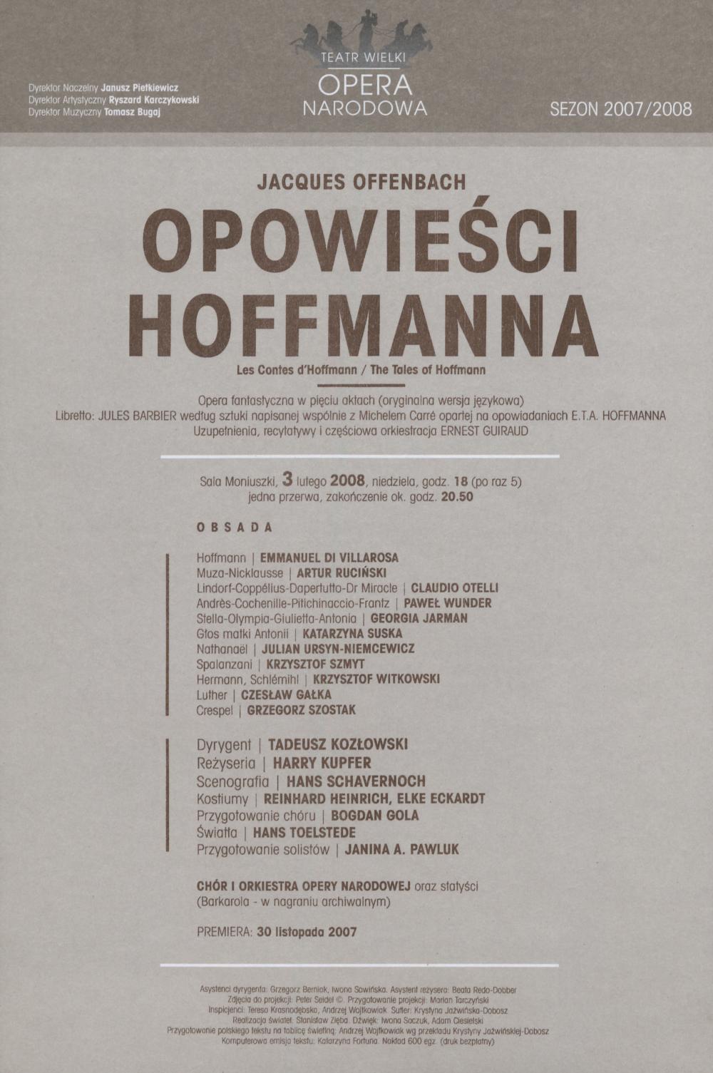 Wkładka obsadowa „Opowieści Hoffmanna” Jakub Offenbach 3-02-2008