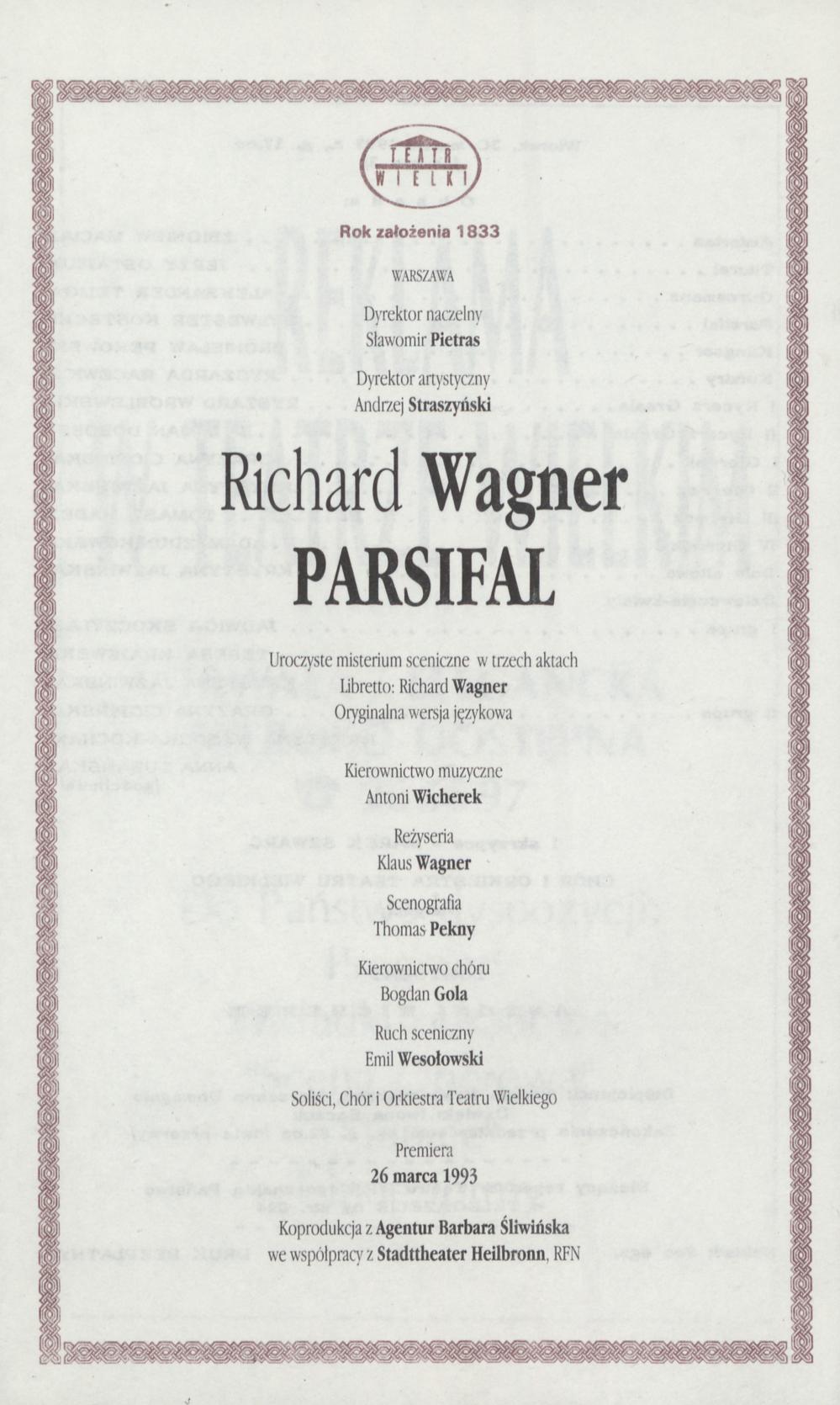 Wkładka obsadowa „Parsifal” Richard Wagner 30-03-1993