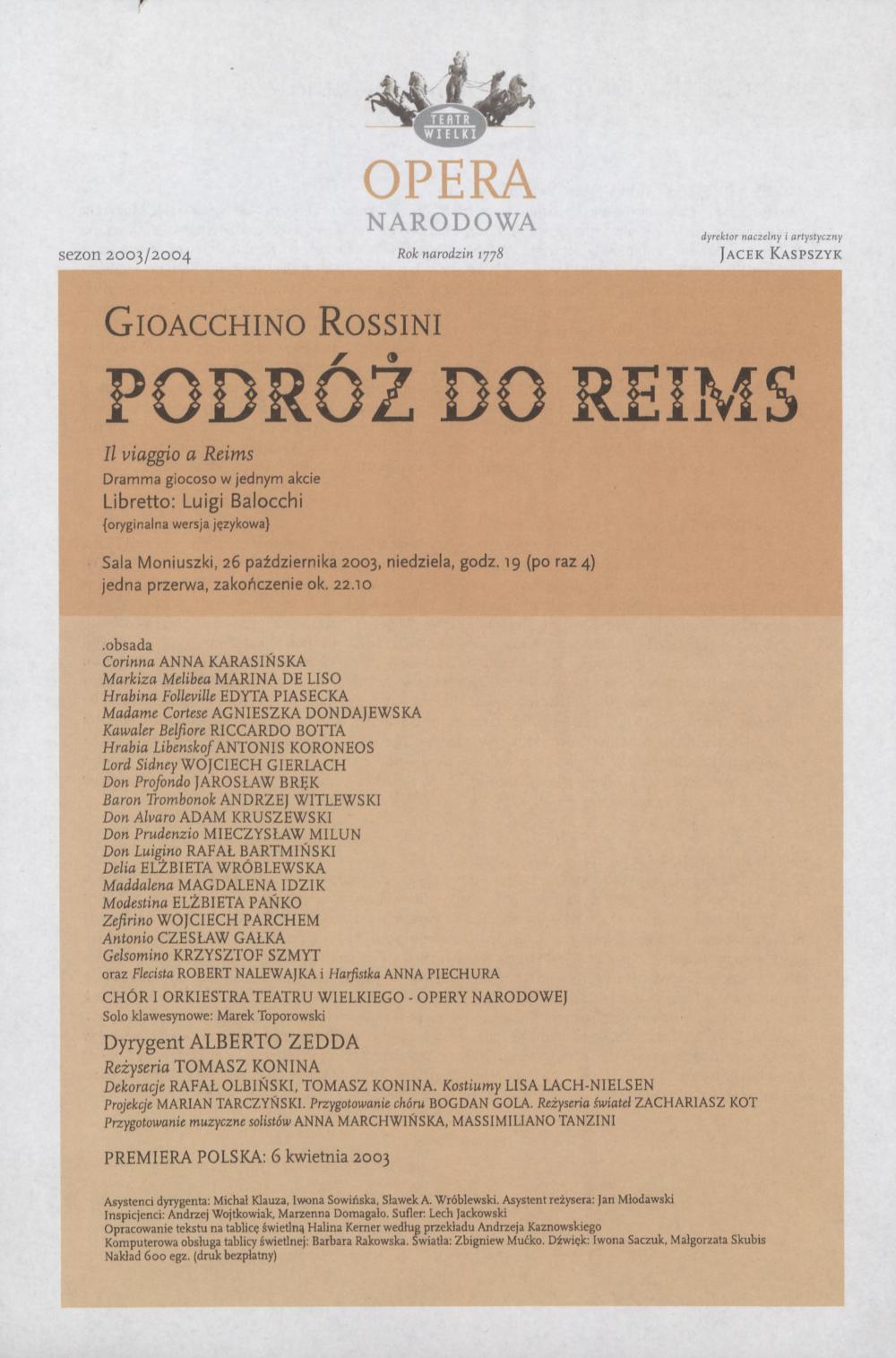 Wkładka obsadowa -„Podróż do Reims” Gioacchino Rossini 26-10-2003