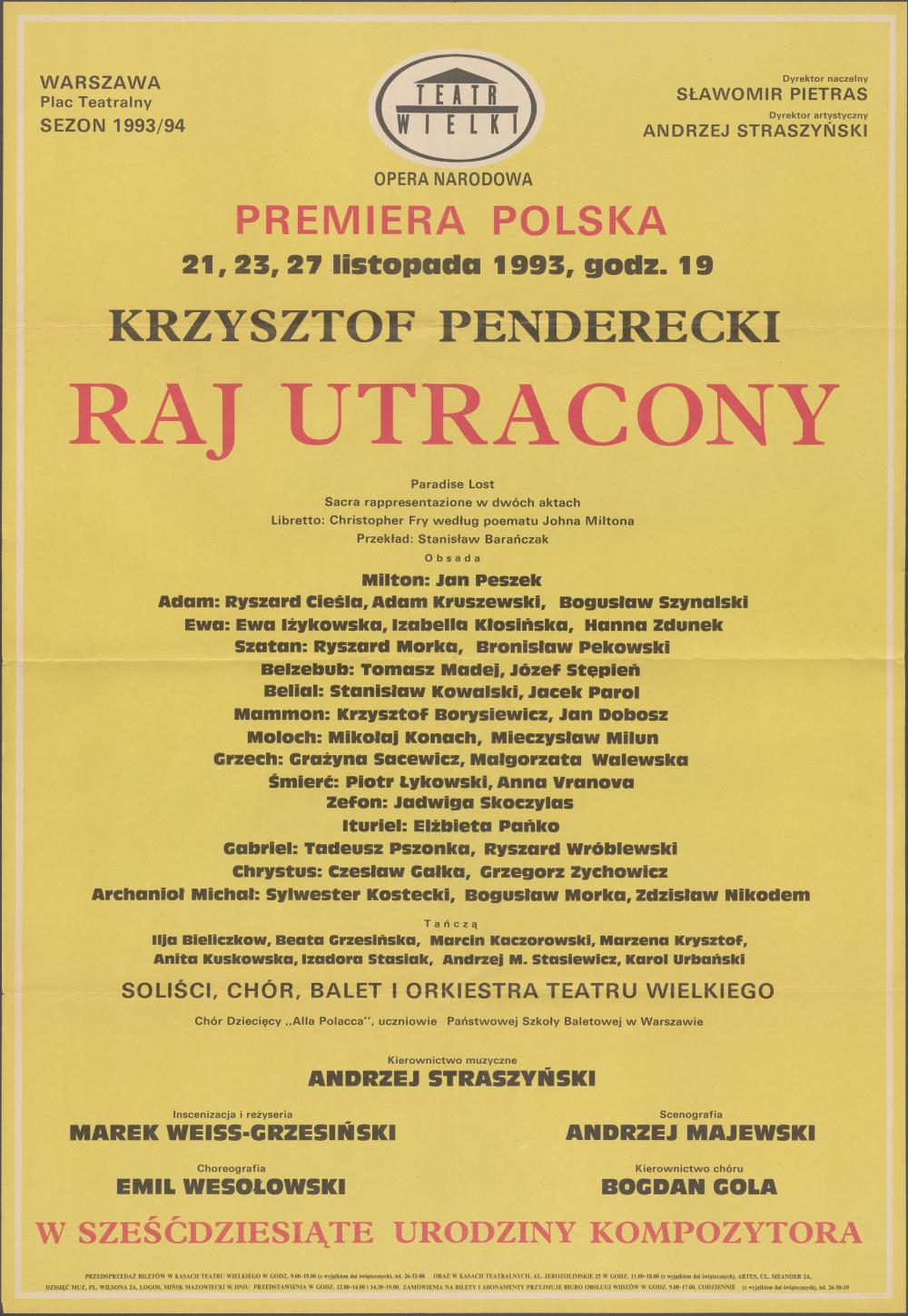 Afisz premierowy „Raj Utracony” Krzysztof Penderecki. 21-11-1993, 23-11-1993, 27-11-1993 W sześciedziesiąte urodziny kompozytora