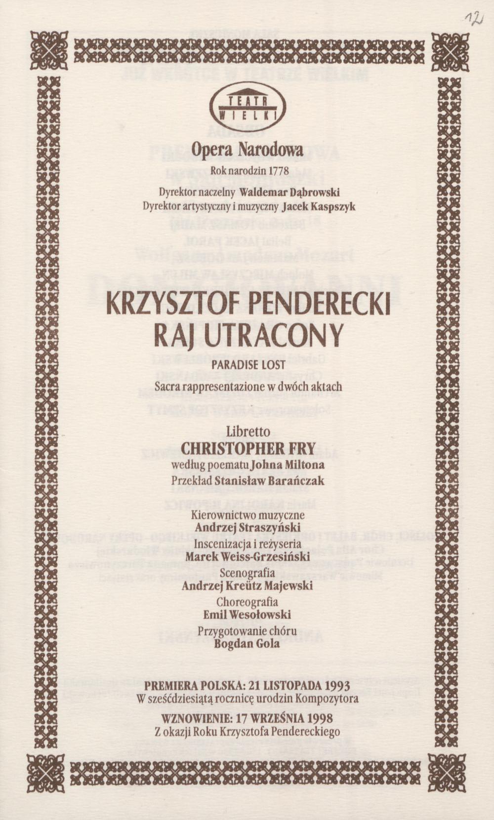 Wkładka obsadowa „Raj Utracony” Krzysztof Penderecki 28-11-1998