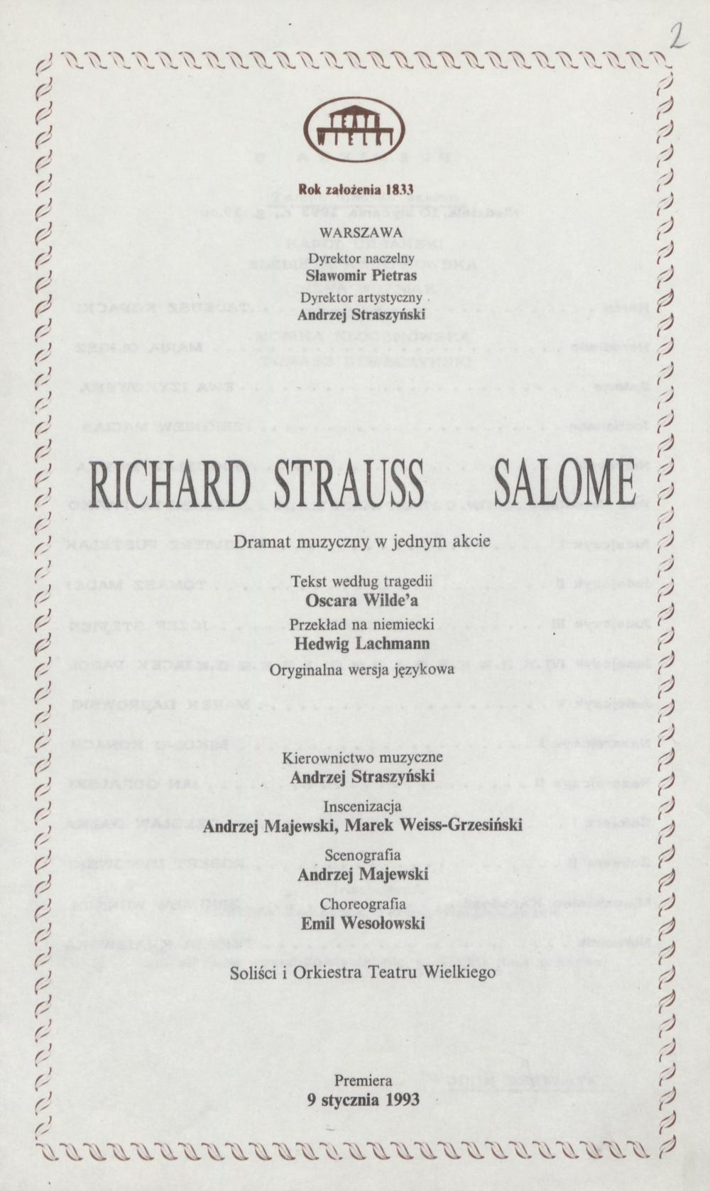 Wkładka premierowa B „Salome” Richard Strauss 10-01-1993