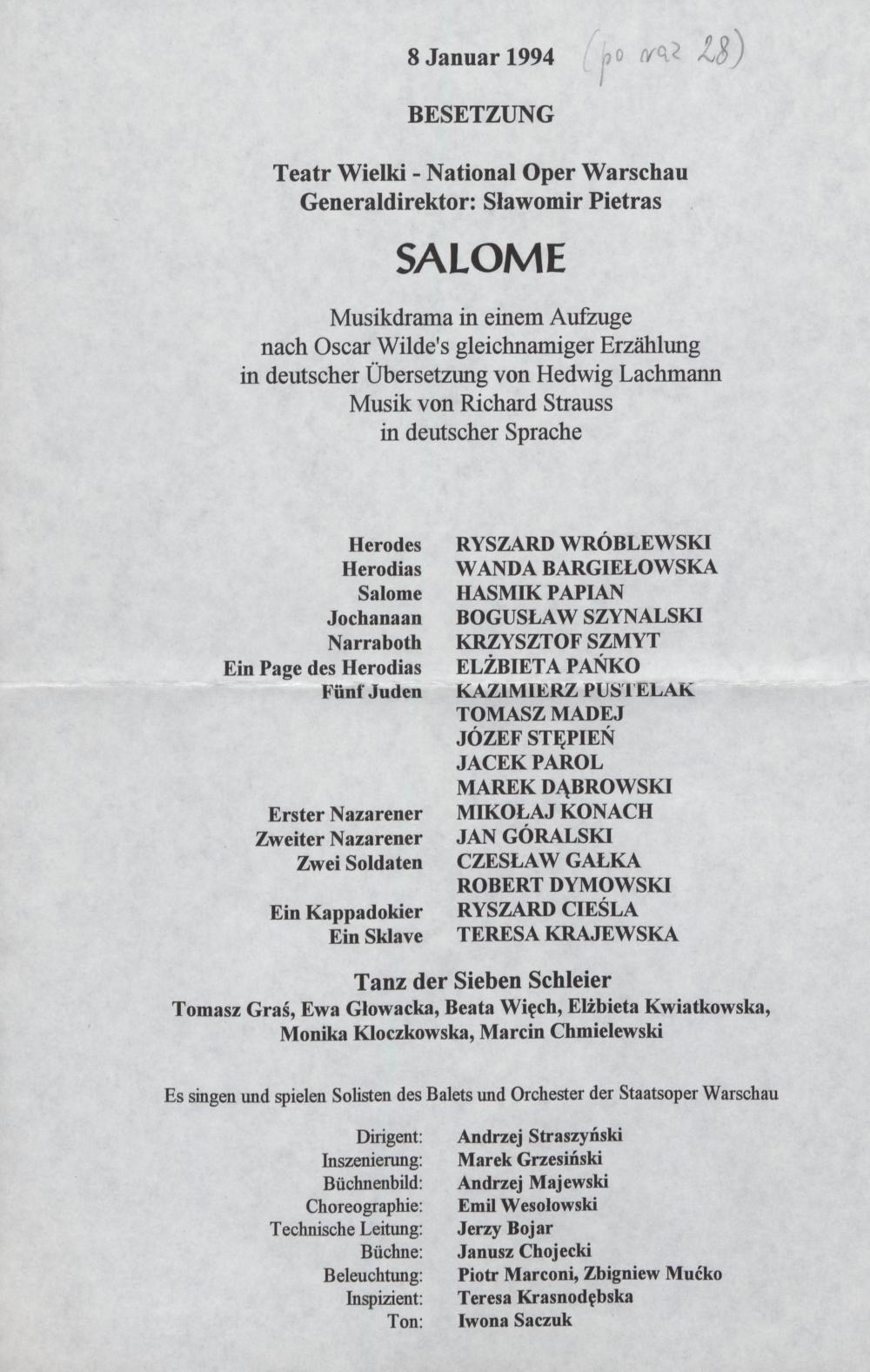 Wkładka obsadowa „Salome” Richard Strauss 08-01-1994