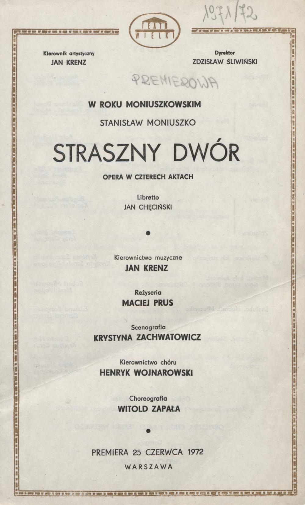 Wkładka obsadowa „Straszny dwór”- Stanisław Moniuszko 25-06-1972