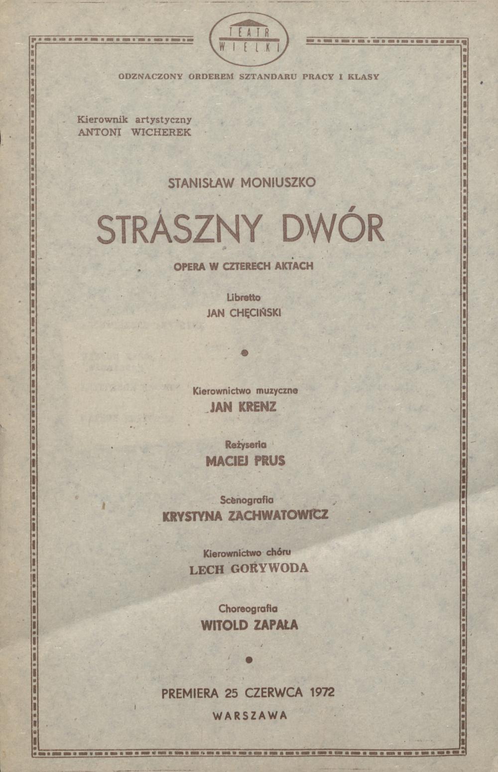 Wkładka obsadowa „Straszny dwór” Stanisław Moniuszko 03-01-1980