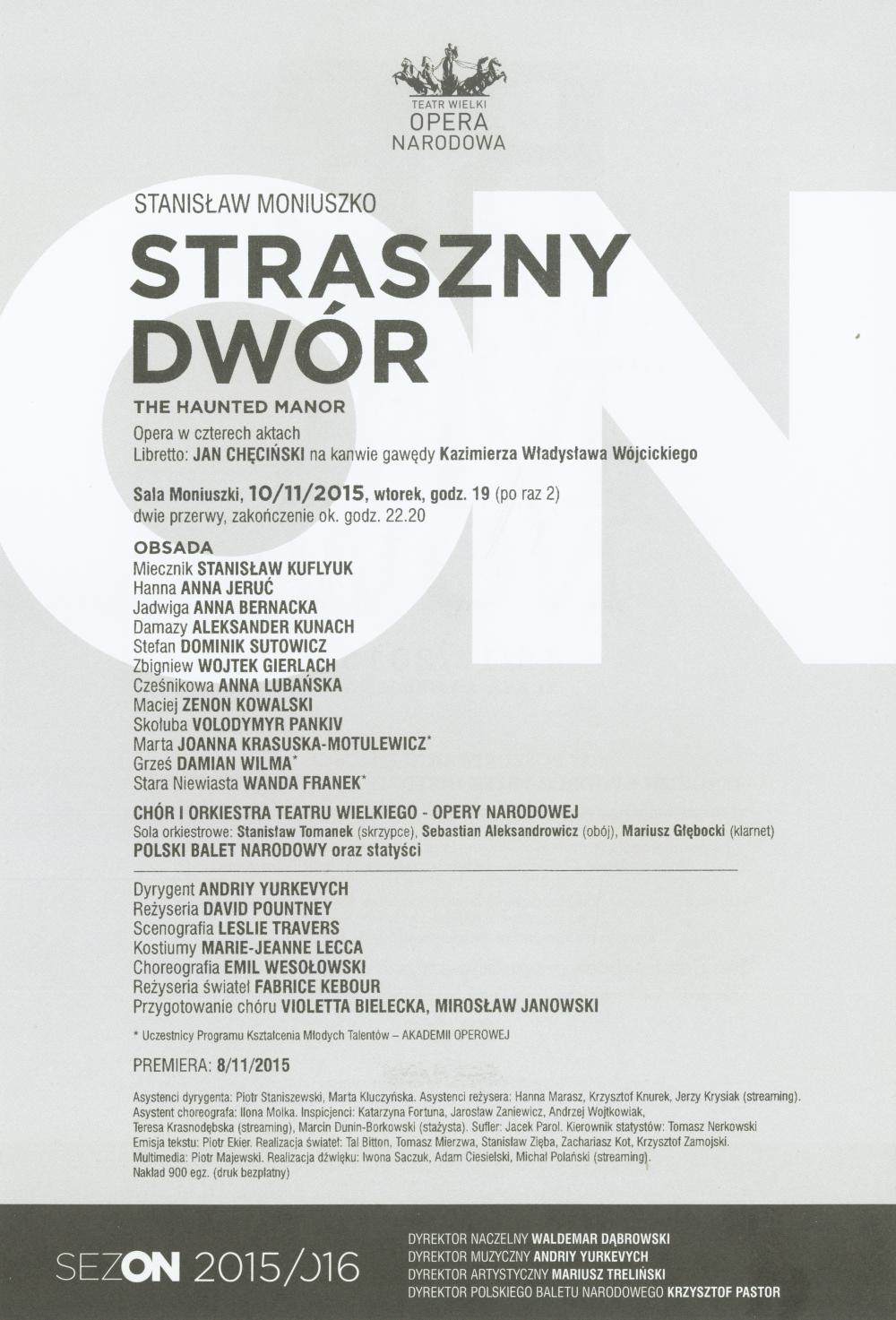 Wkładka obsadowa „Straszny dwór” Stanisław Moniuszko 2015-11-10