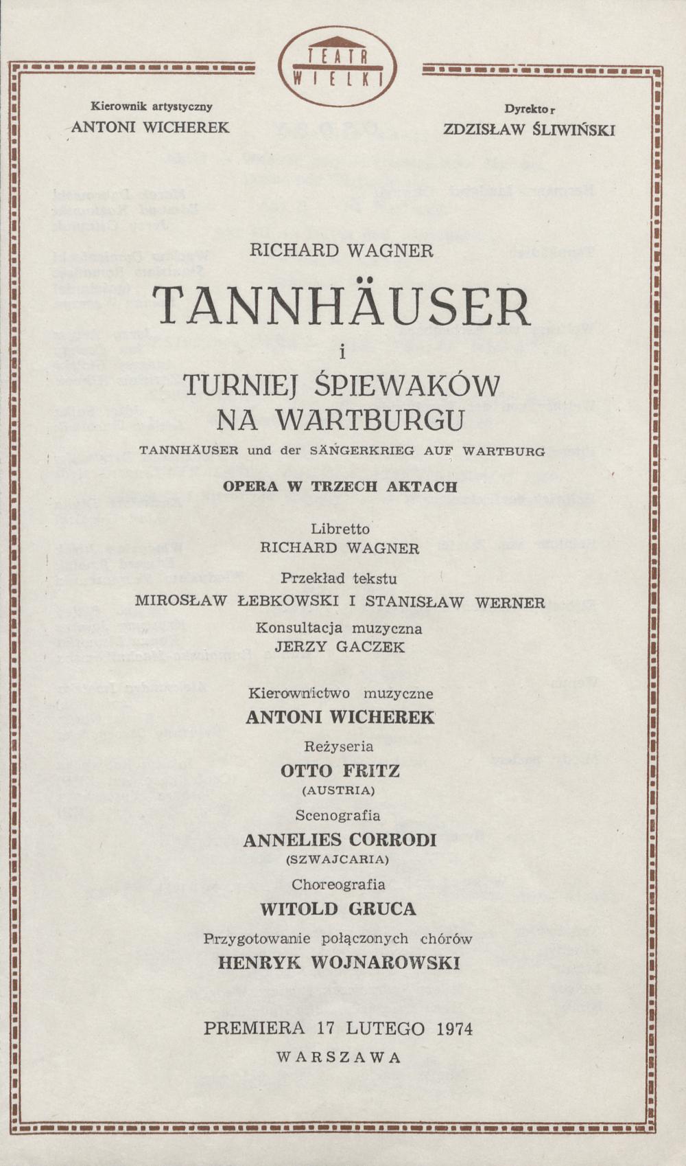 Wkładka obsadowa „Tannhauser” Richard Wagner 17-02-1974