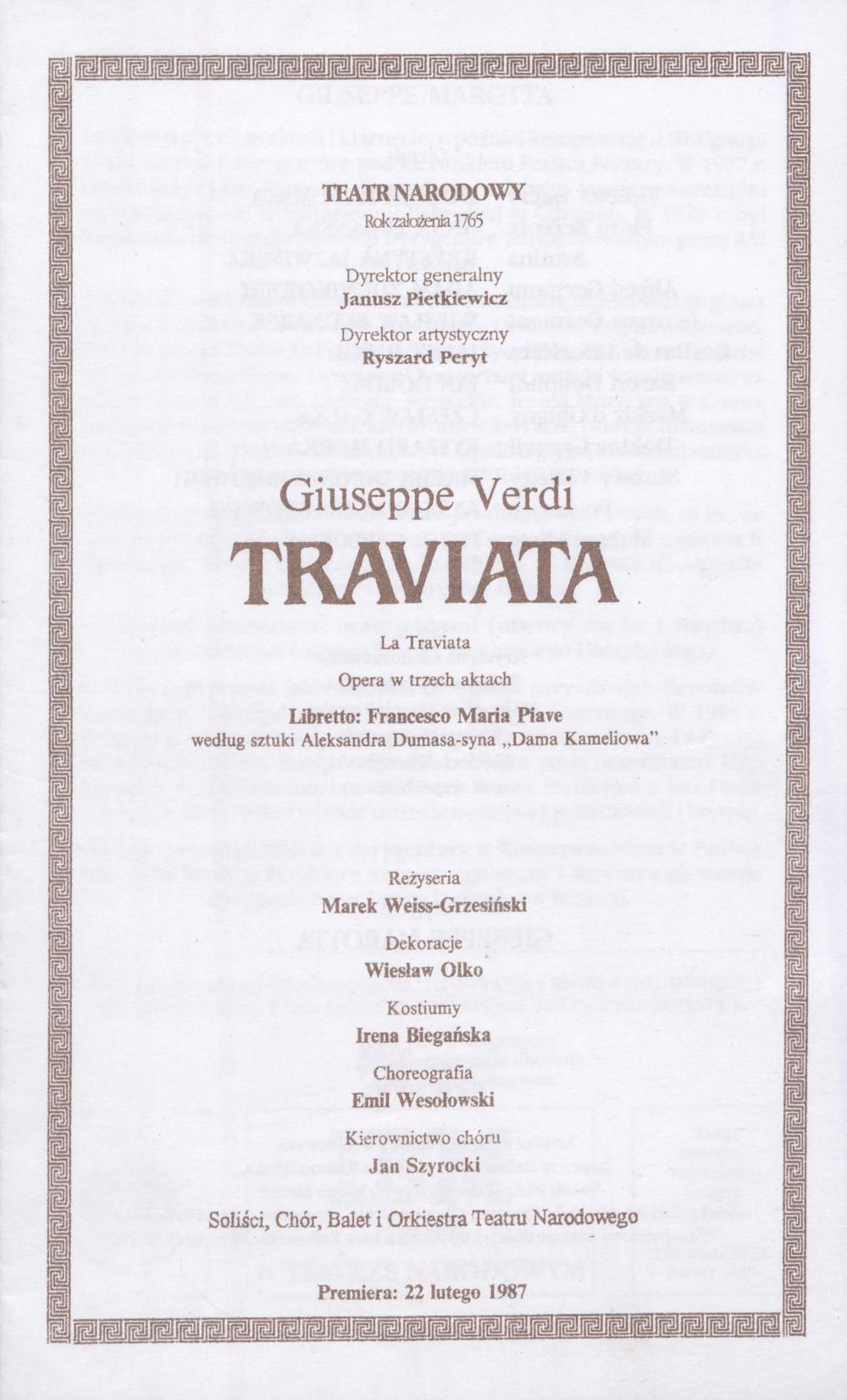 Wkładka Obsadowa "Traviata" Giuseppe Verdi 26-10-1996