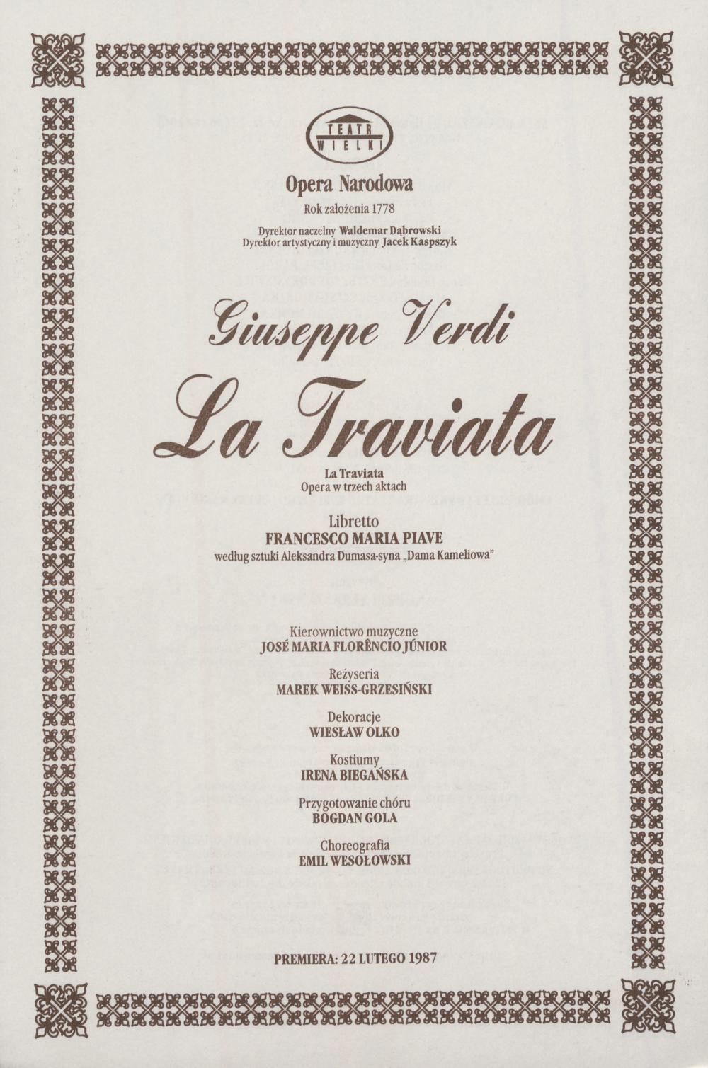 Wkładka Obsadowa "Traviata" Giuseppe Verdi 23-11-1999