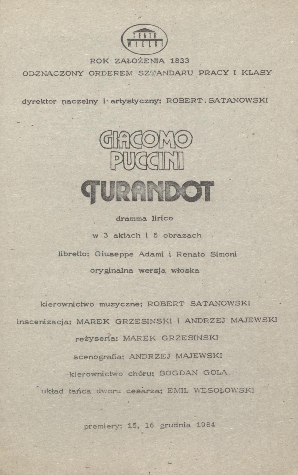 Wkładka obsadowa „Turandot” Giacomo Puccini 28-03-1985