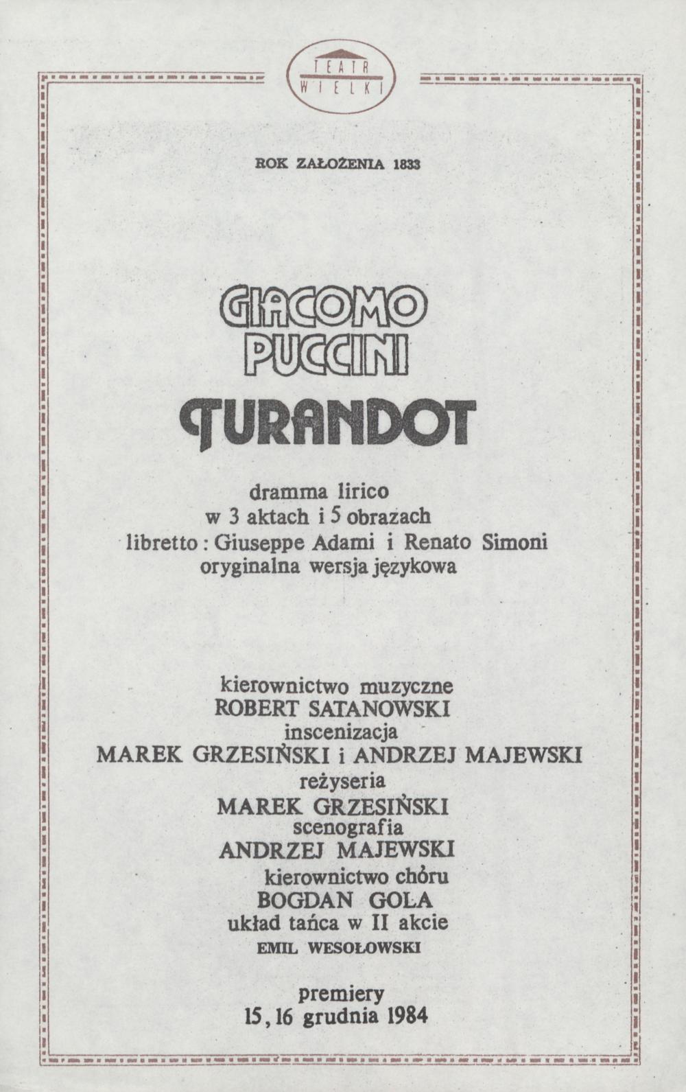 Wkładka obsadowa „Turandot” Giacomo Puccini 03-03-1991