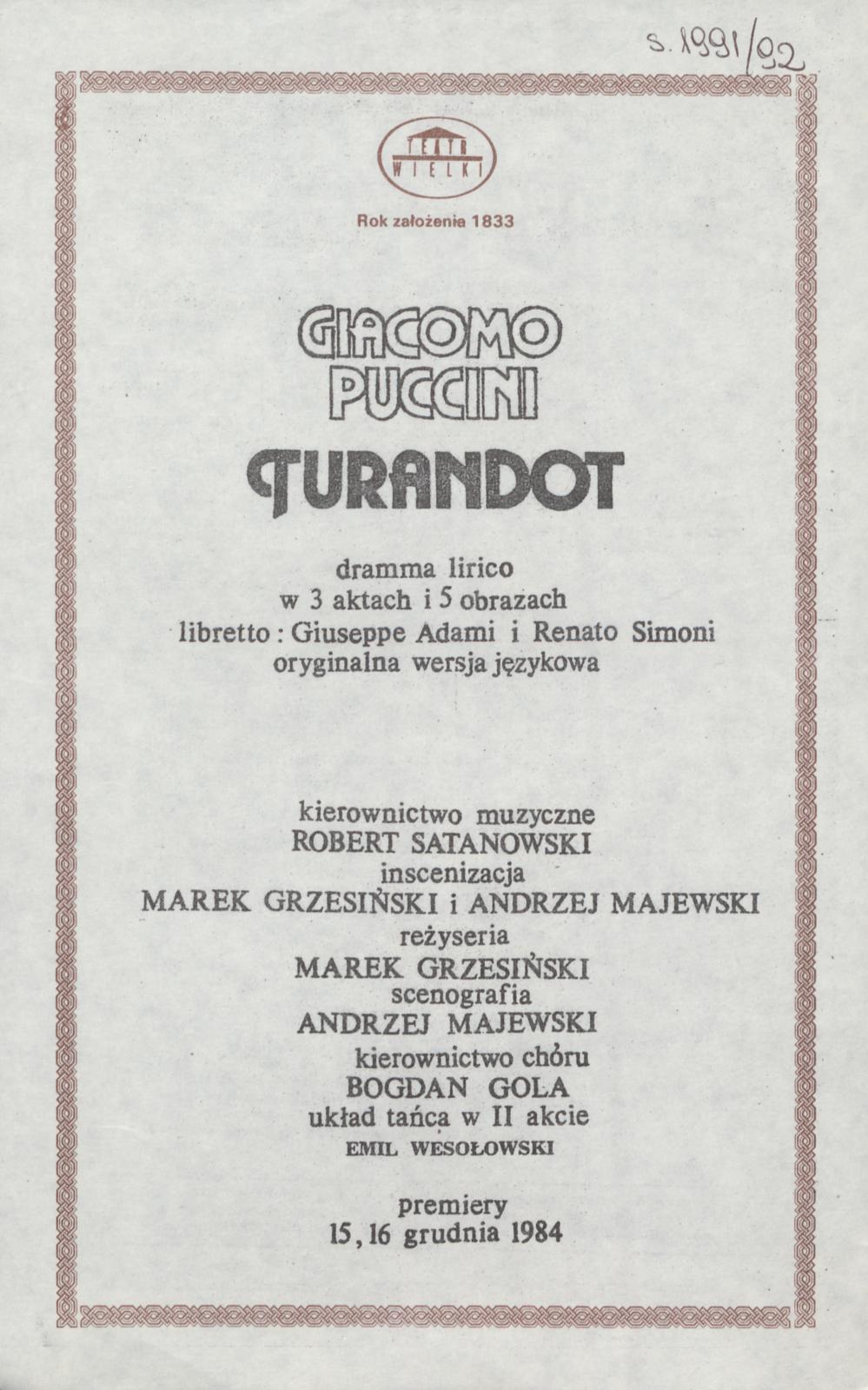 Wkładka obsadowa „Turandot” Giacomo Puccini 08-12-1991