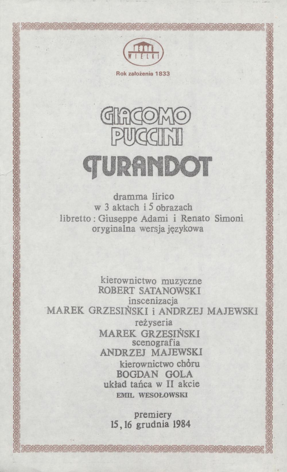 Wkładka obsadowa „Turandot” Giacomo Puccini 12-12-1991