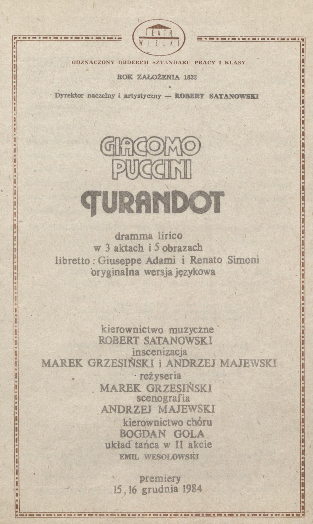 Wkładka obsadowa „Turandot” Giacomo Puccini 18-05-1986