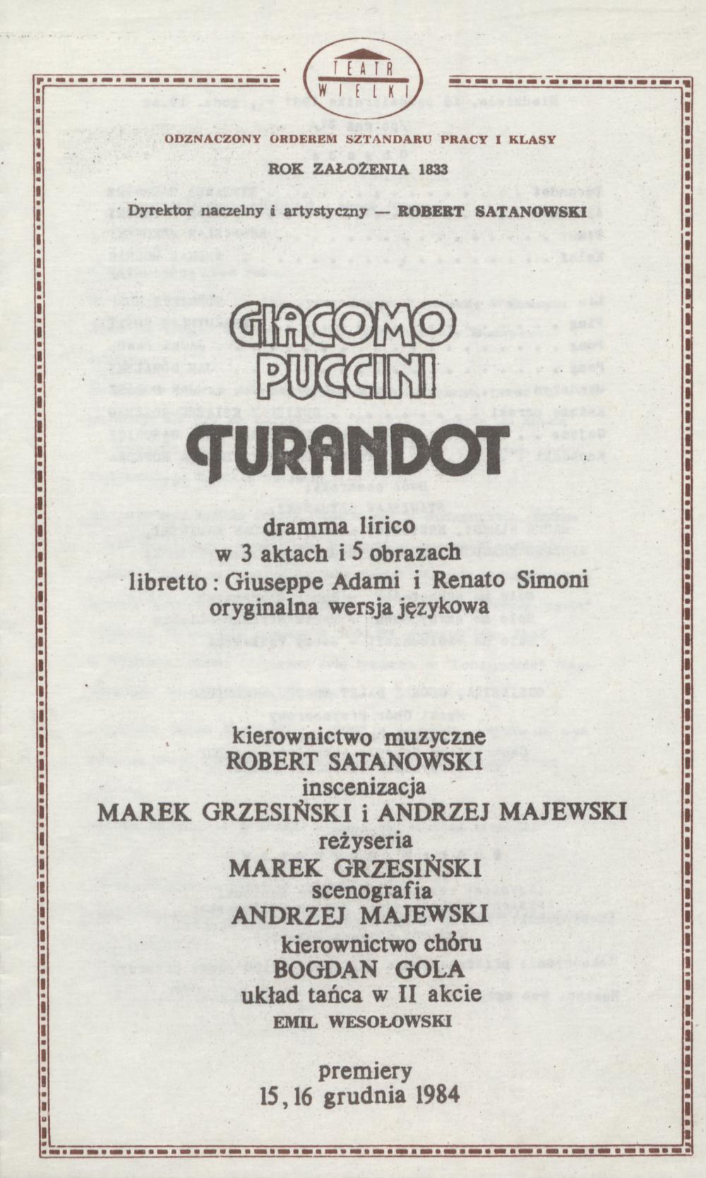 Wkładka obsadowa „Turandot” Giacomo Puccini 18-10-1987