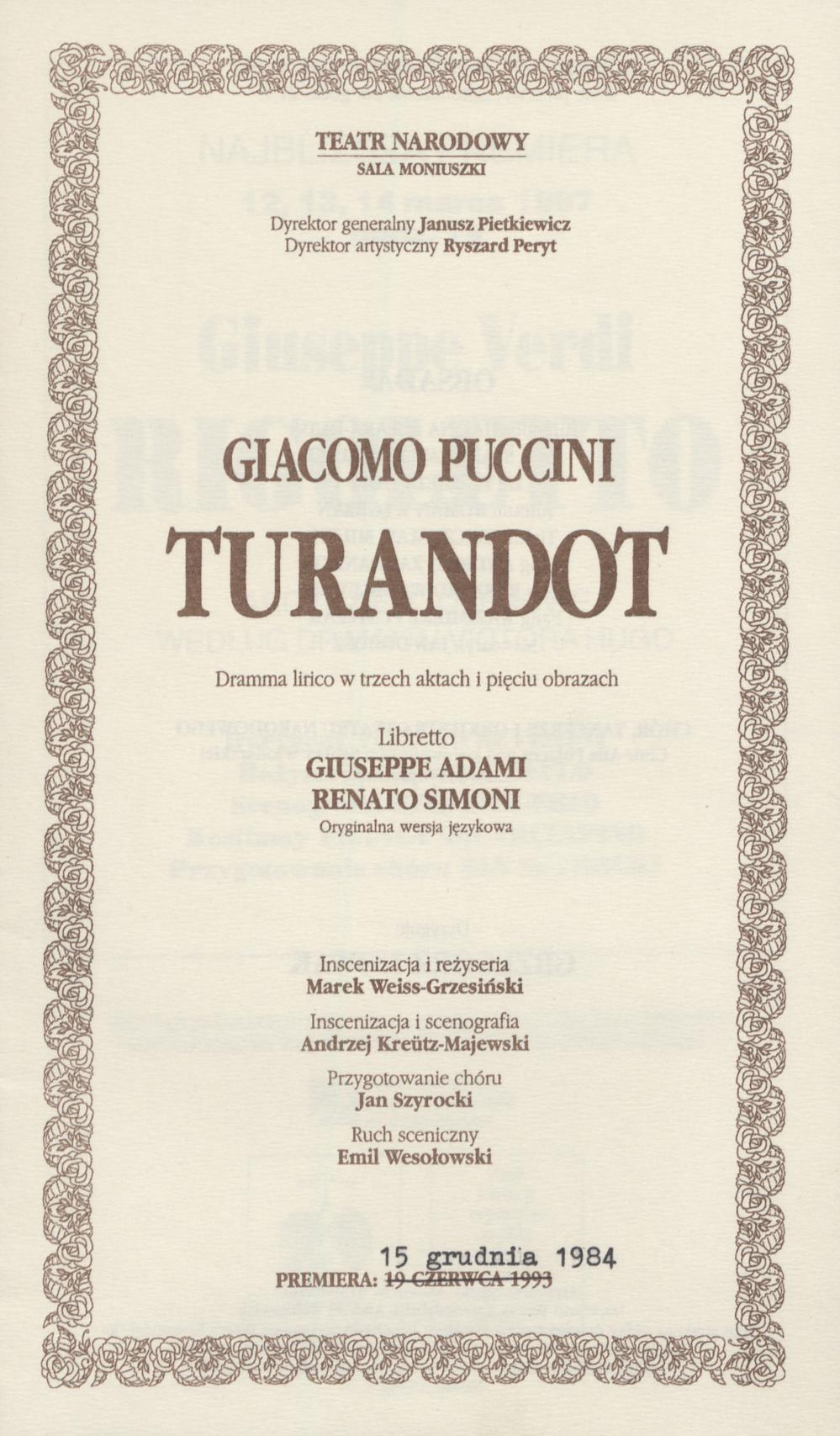 Wkładka obsadowa „Turandot” Giacomo Puccini 11-02-1997