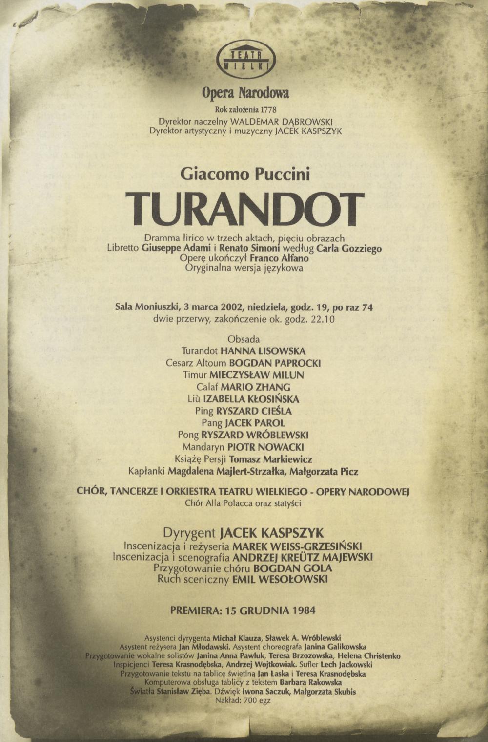 Wkładka obsadowa „Turandot” Giacomo Puccini 03-03-2002